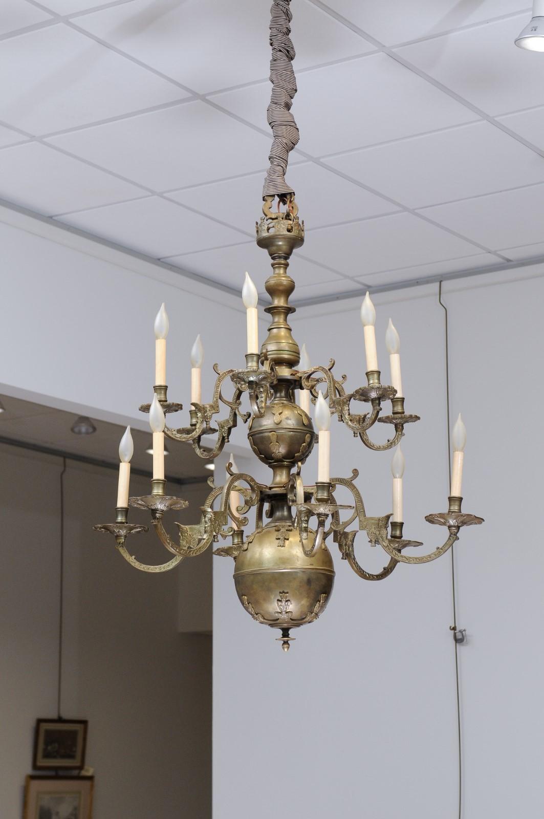 Large Dutch Brass Chandelier with 12 Lights, ca. 1890 In Good Condition In Atlanta, GA