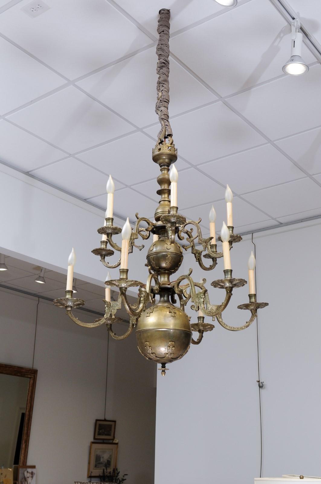 Large Dutch Brass Chandelier with 12 Lights, ca. 1890 6