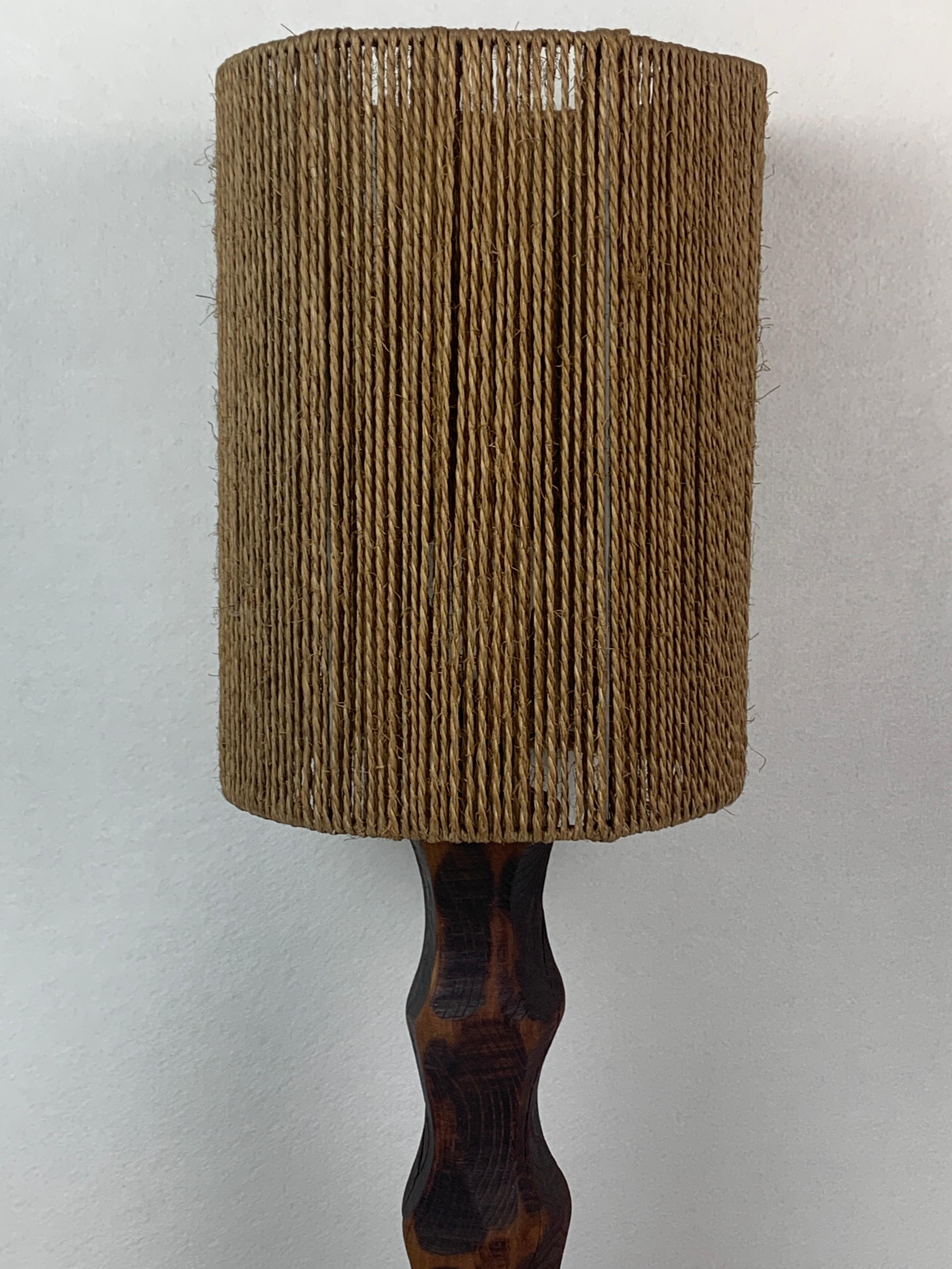Oak Large Dutch Brutalist Table Lamp with Sisal Shade, 1960s