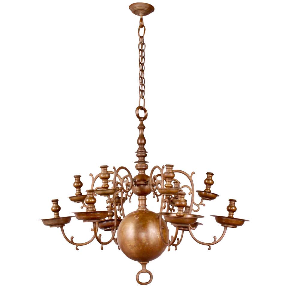 Large Dutch Twelve-Branch Brass Chandelier at 1stDibs