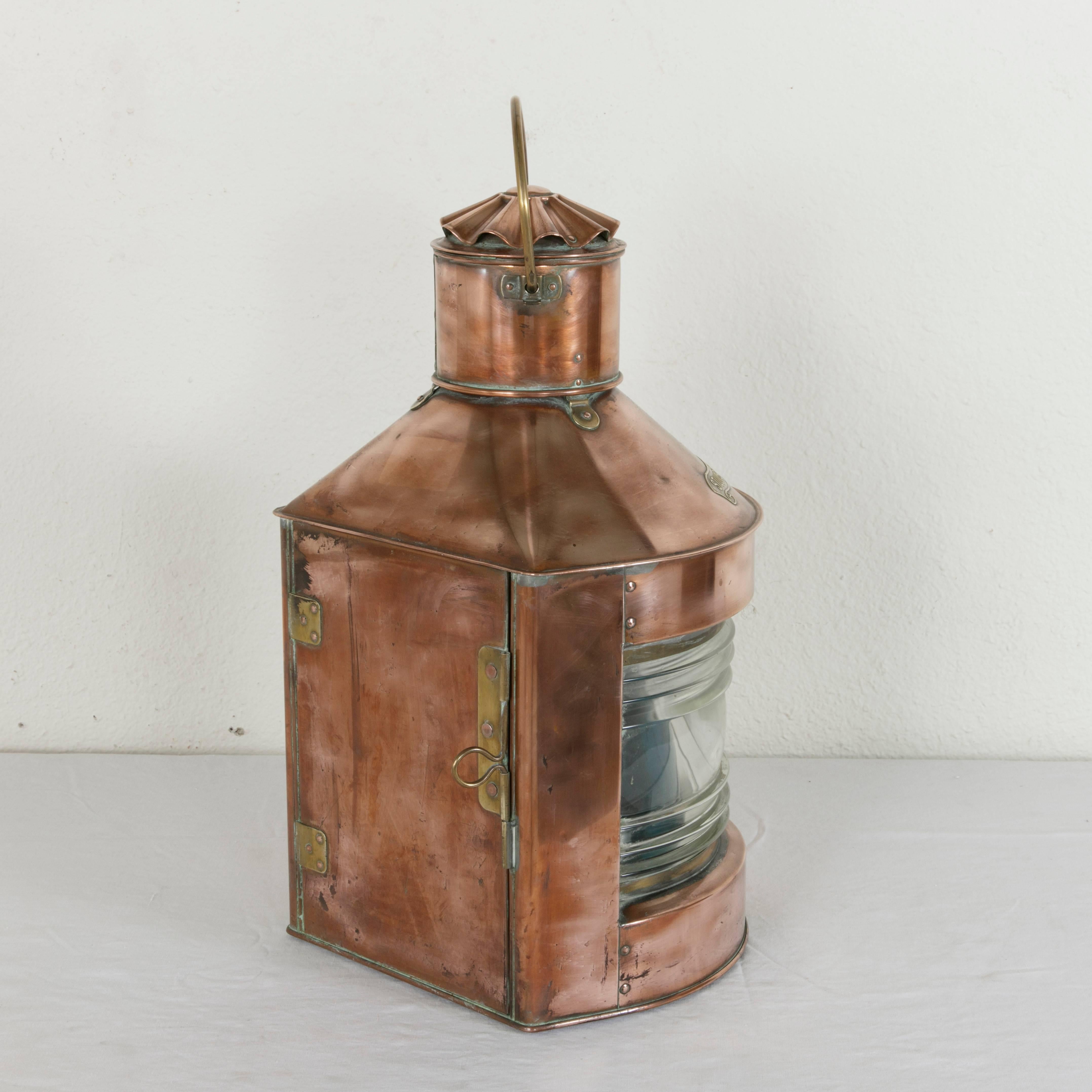 Large Dutch Copper Starboard Nautical Lantern with Brass Label and Original Lamp In Excellent Condition In Fayetteville, AR