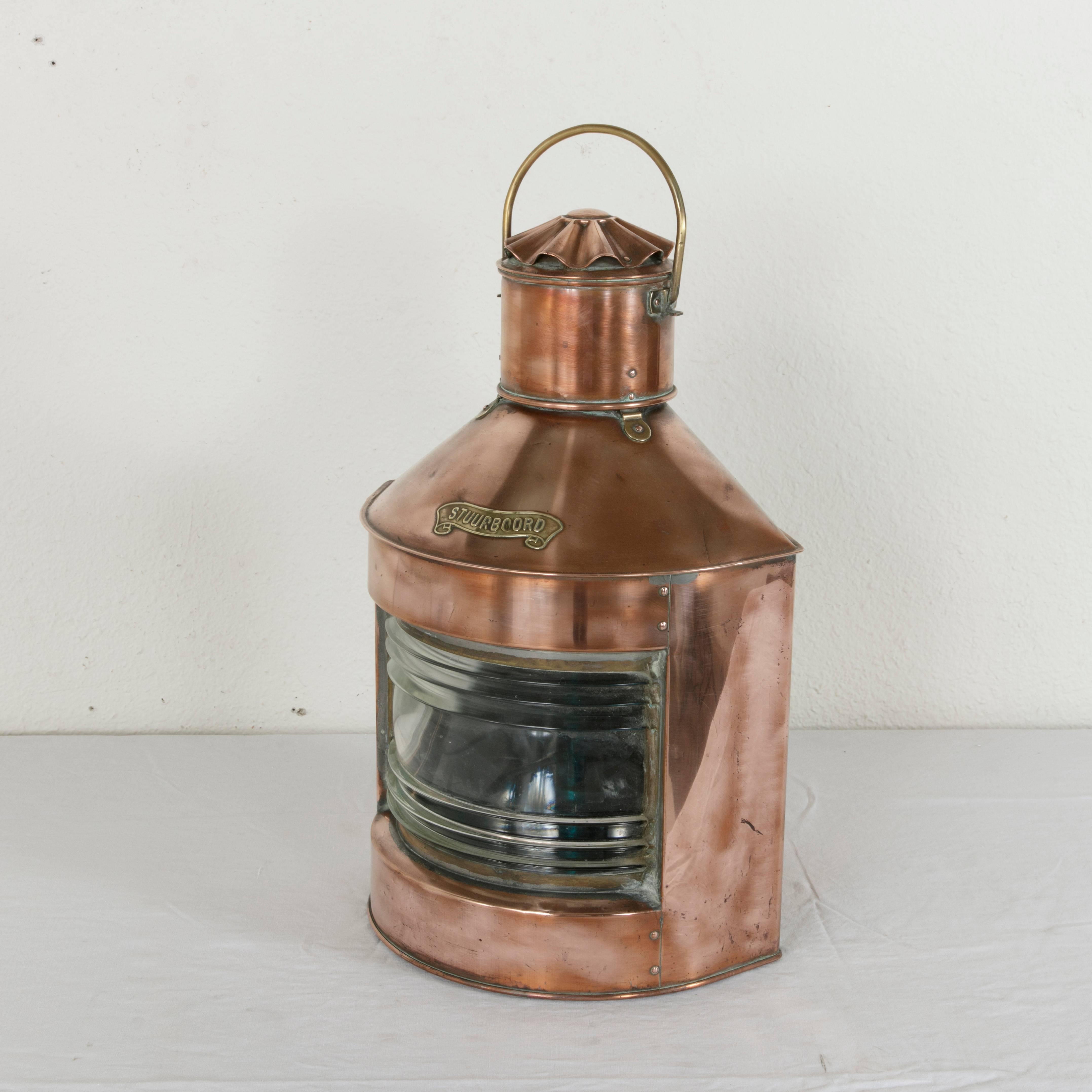 Early 20th Century Large Dutch Copper Starboard Nautical Lantern with Brass Label and Original Lamp