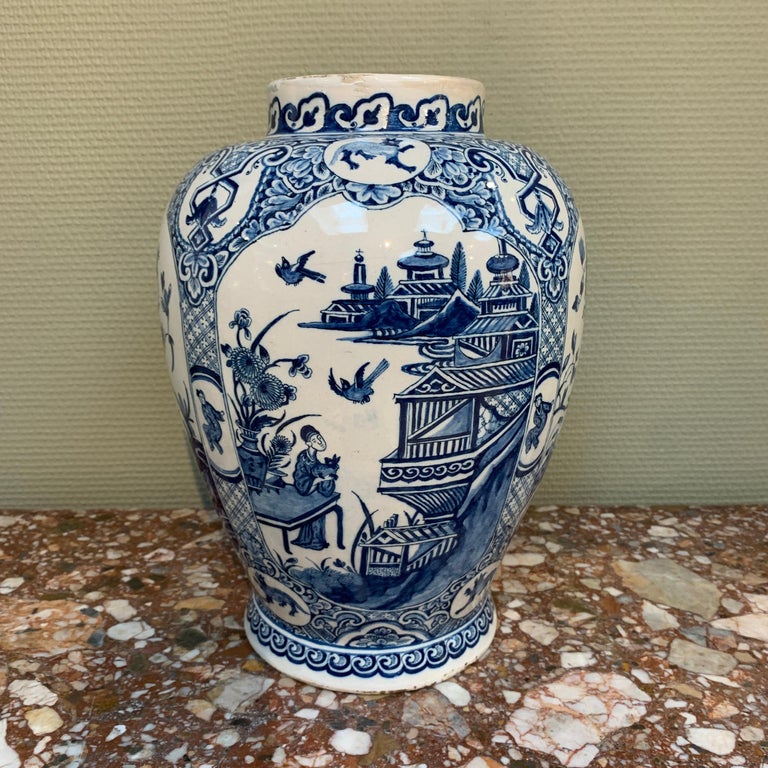Baroque Large Dutch Delft Blue and White Chinoiserie Vase, Early 18th Century For Sale
