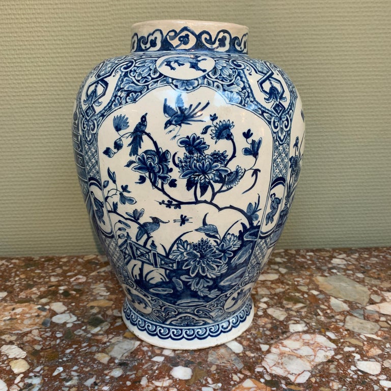 Glazed Large Dutch Delft Blue and White Chinoiserie Vase, Early 18th Century For Sale