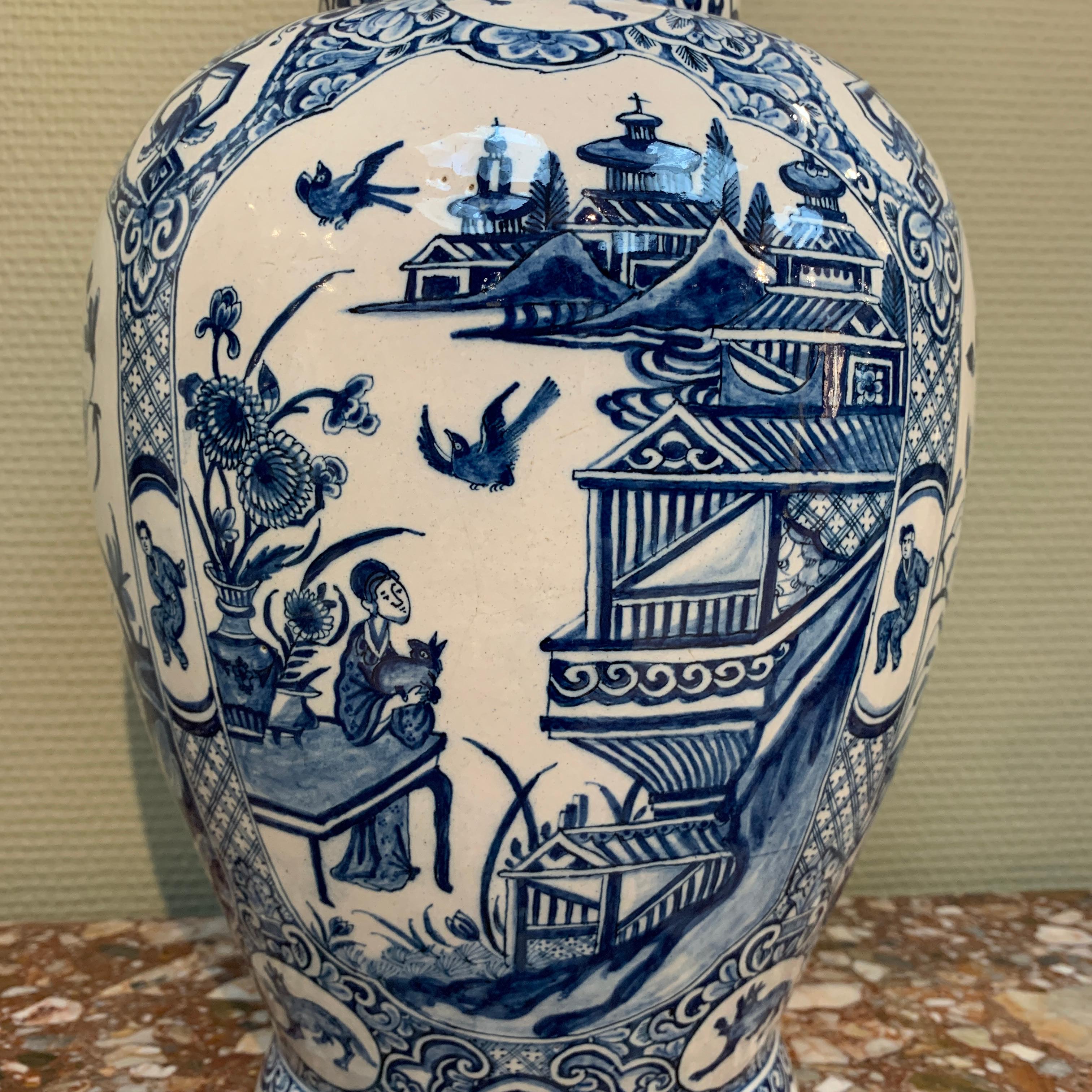 Baroque Large Dutch Delft Blue and White Chinoiserie Vase, Early 18th Century