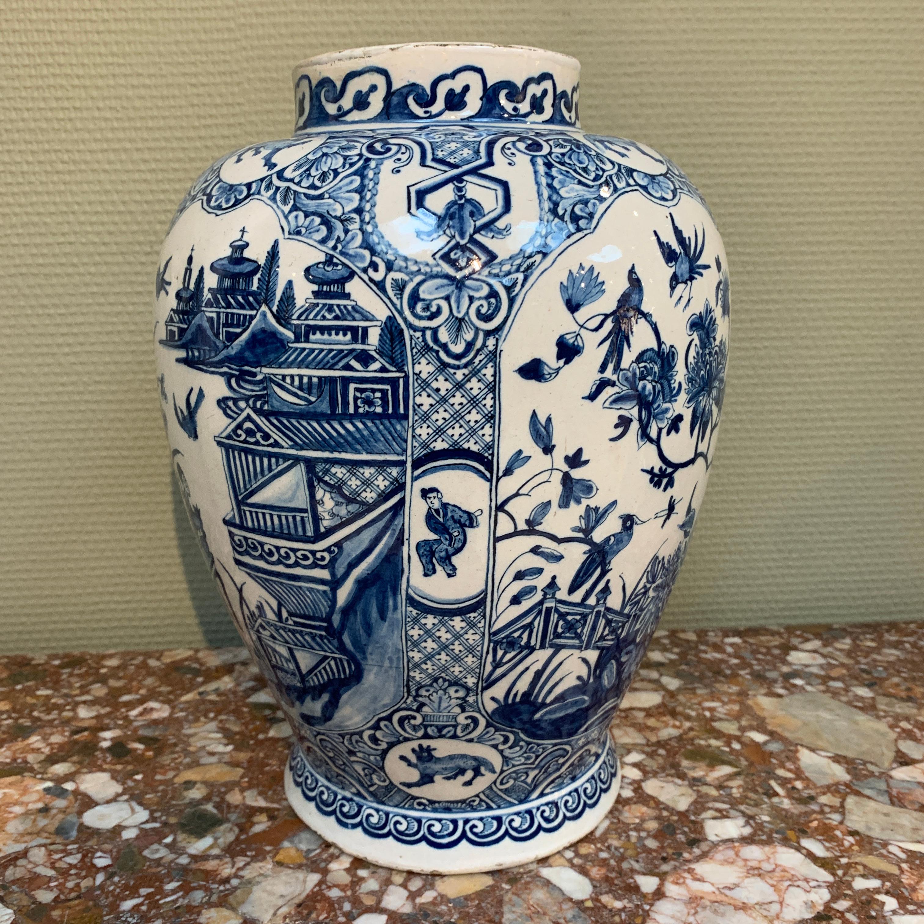 Glazed Large Dutch Delft Blue and White Chinoiserie Vase, Early 18th Century