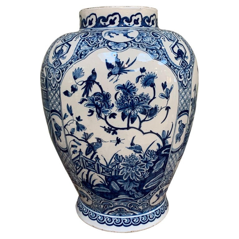 Large Dutch Delft Blue and White Chinoiserie Vase, Early 18th Century For Sale