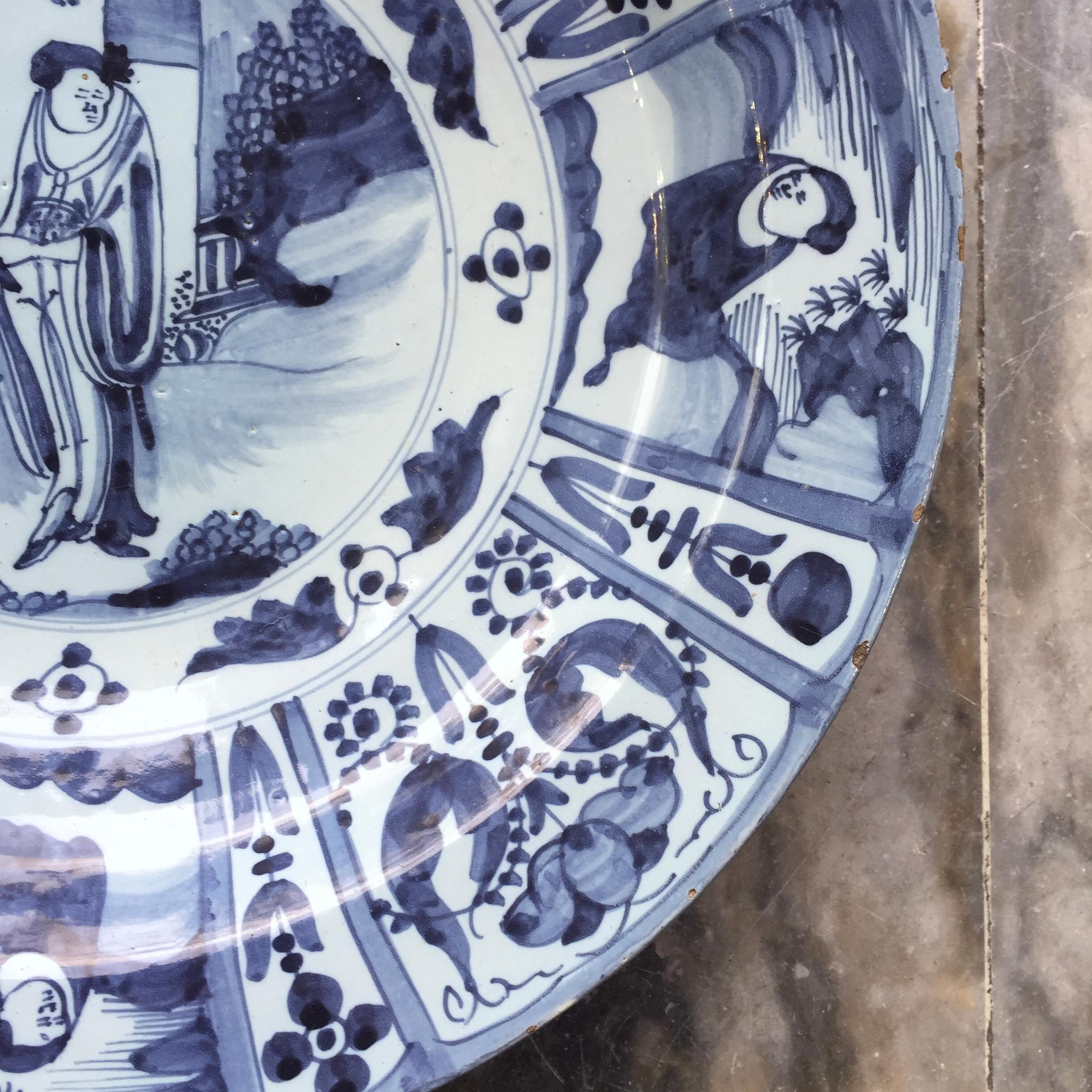 Ceramic Large Dutch Delft Charger with Chinoiserie Decor in Wanli Style, 17th Century For Sale