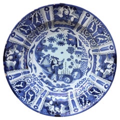 Antique Large Dutch Delft Charger with Chinoiserie Decor in Wanli Style, 17th Century