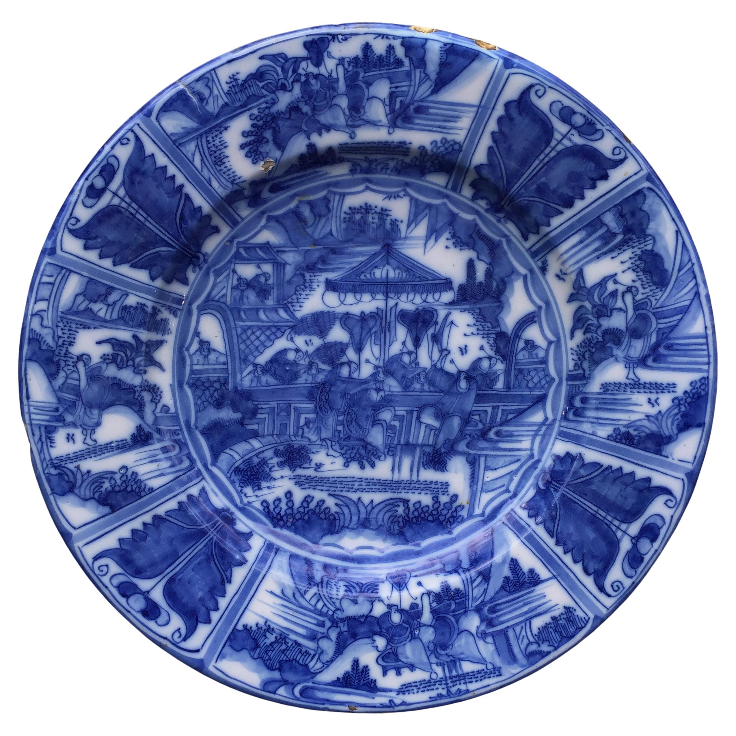 Large Dutch Delft Charger with Chinoiserie Design, 17th Century For Sale