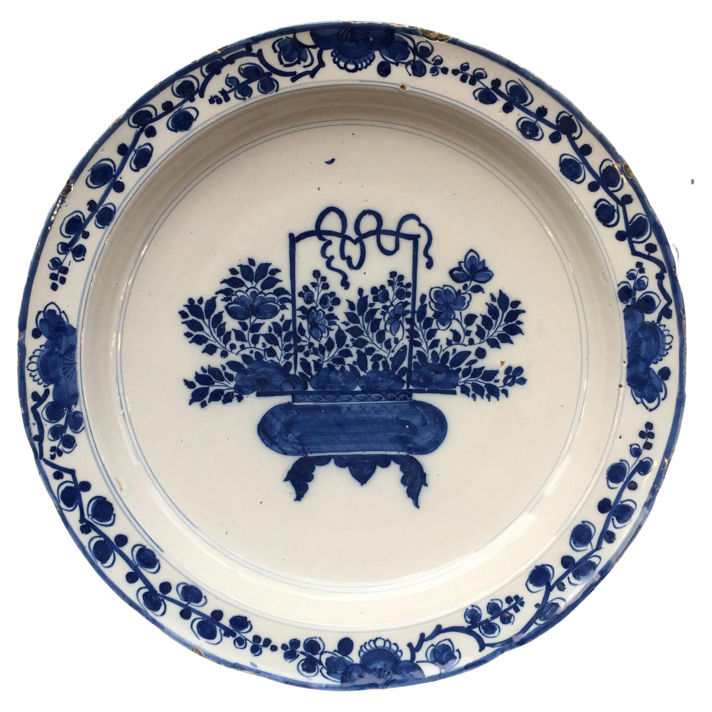 Large Dutch Delft Charger with Chinoiserie Flower Basket Design, 17th Century For Sale