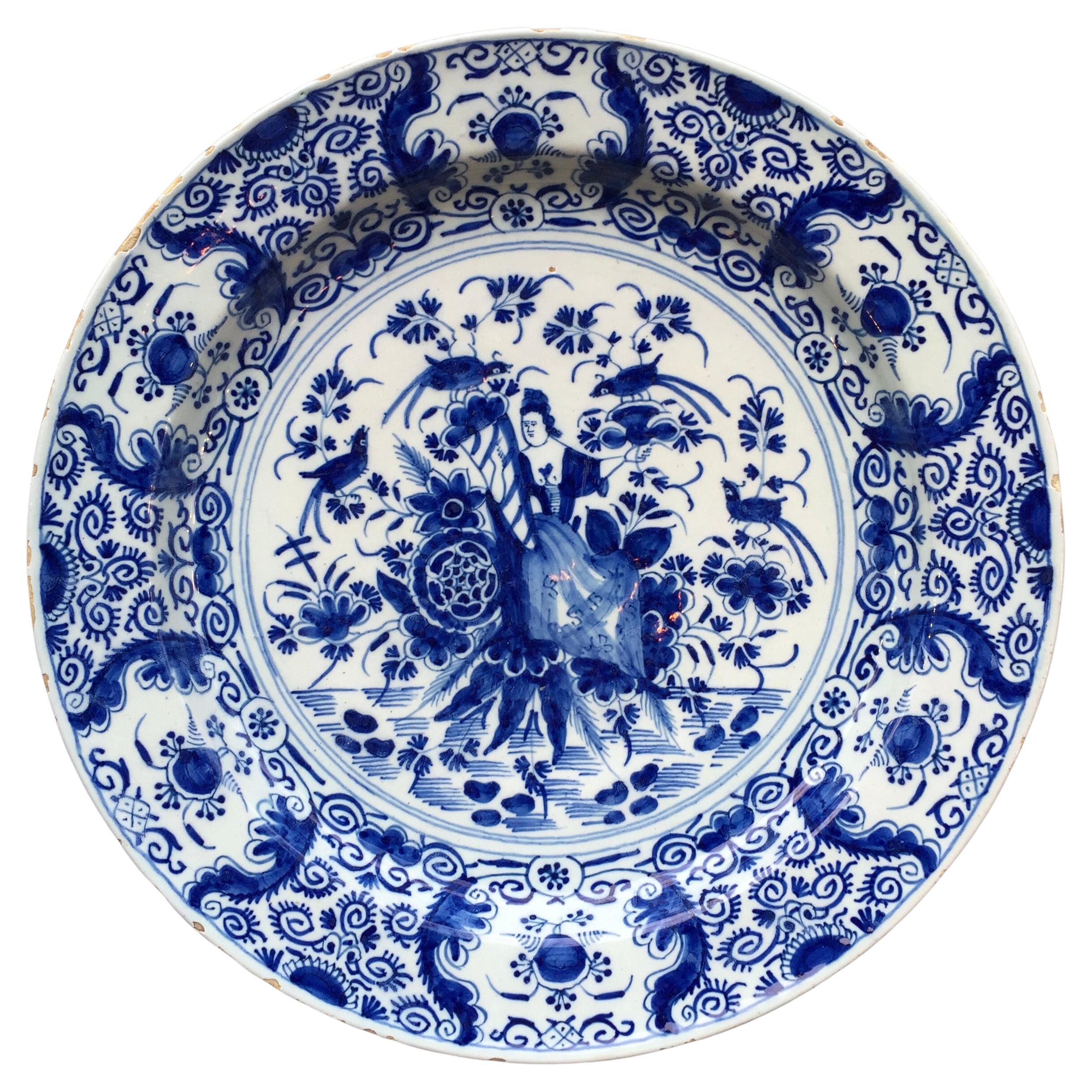 Large Dutch Delft Charger with Decoration of Lady Fortune, Early 18th Century For Sale
