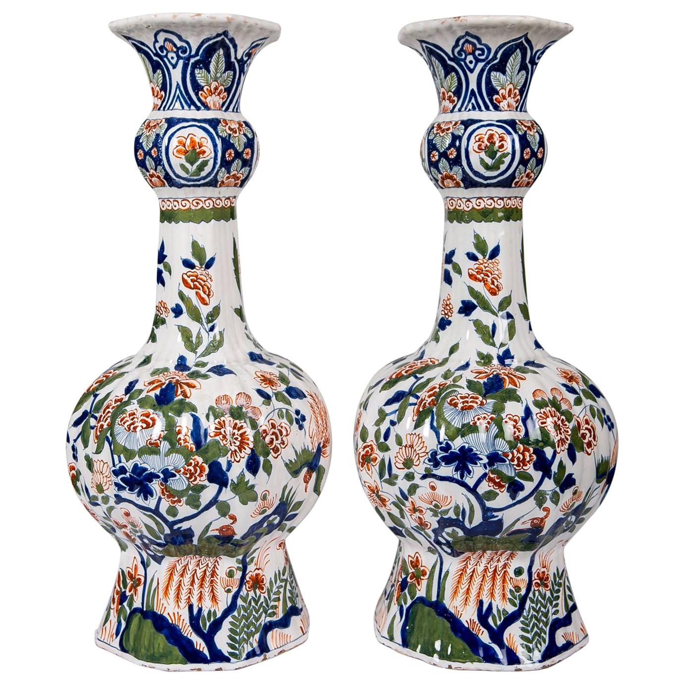 Pair Large Dutch Delft Vases Hand-Painted Circa 1800 Made by "The Claw"