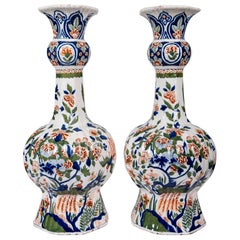 Pair Large Dutch Delft Vases Hand-Painted Circa 1800 Made by "The Claw"