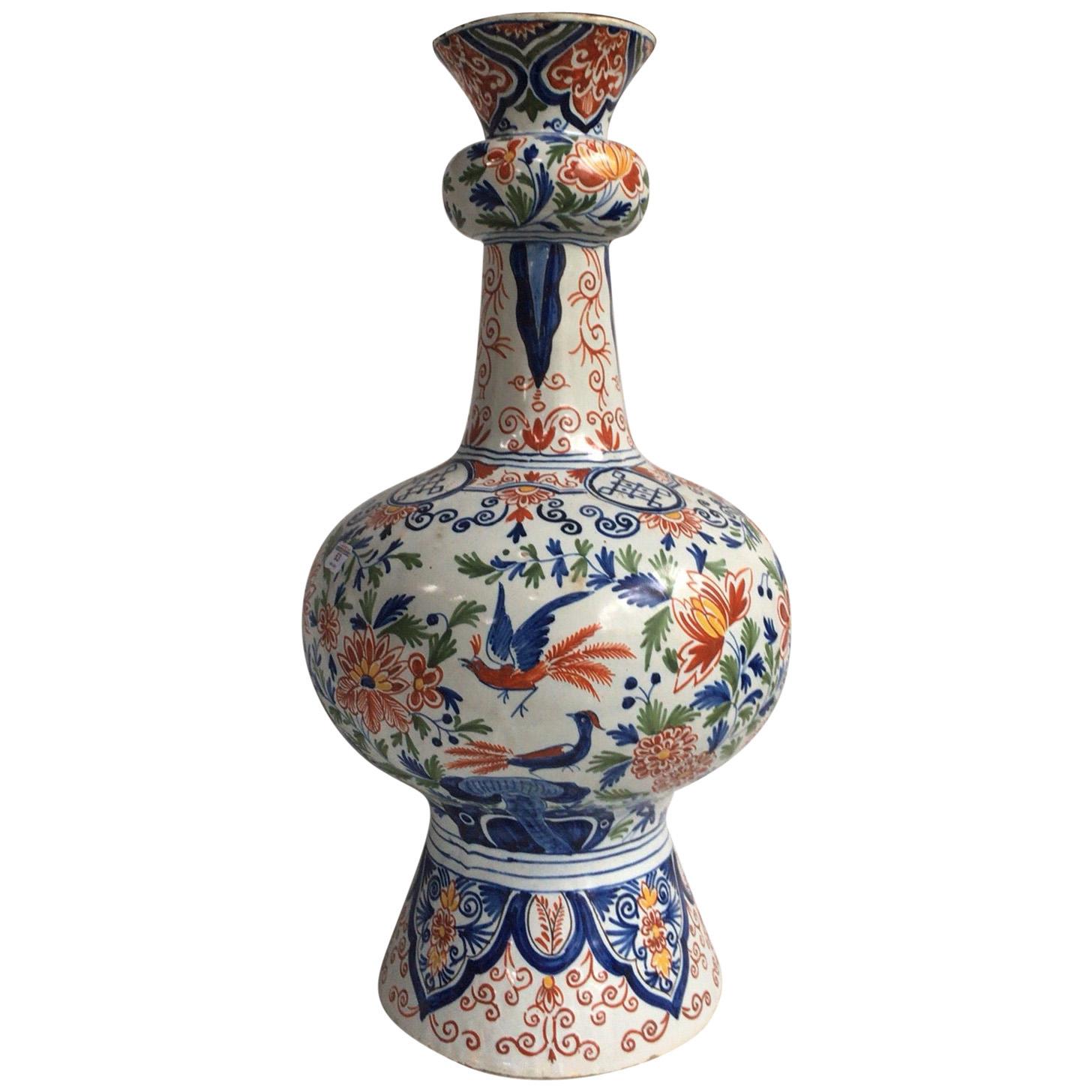 Große niederländische Delfter Vase mit Vögeln, um 1850