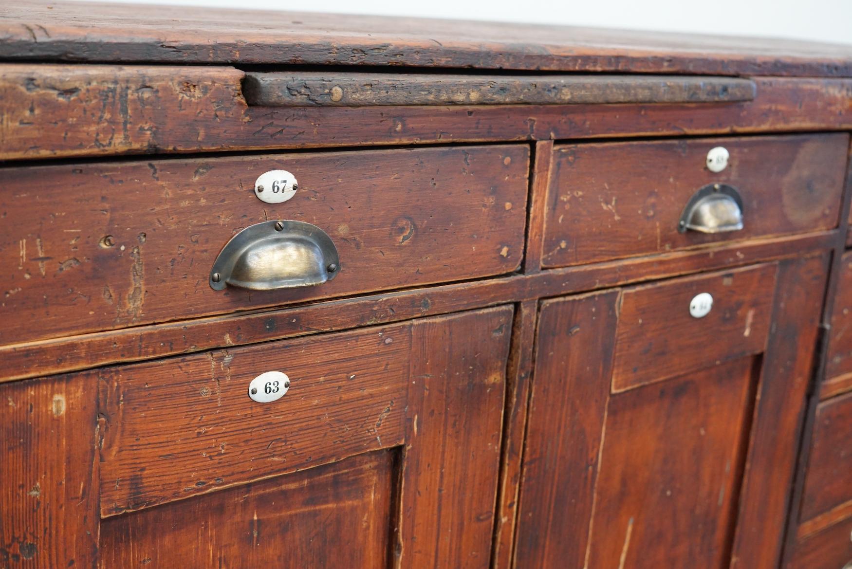 Large Dutch Industrial Pine Apothecary Cabinet / Workbench, Early-20th Century 8