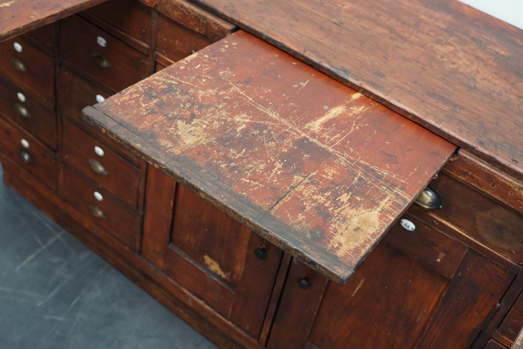 Large Dutch Industrial Pine Apothecary Cabinet / Workbench, Early-20th Century 9