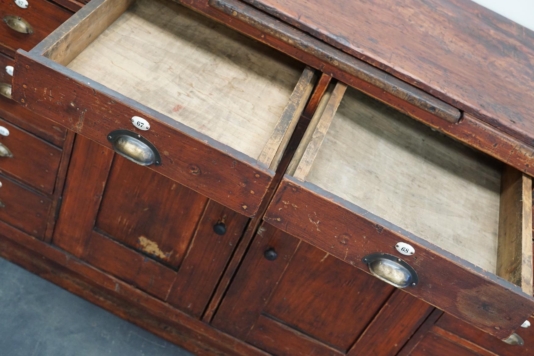Large Dutch Industrial Pine Apothecary Cabinet / Workbench, Early-20th Century 11