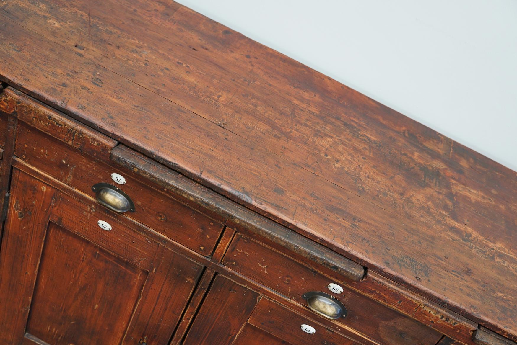Large Dutch Industrial Pine Apothecary Cabinet / Workbench, Early-20th Century 12