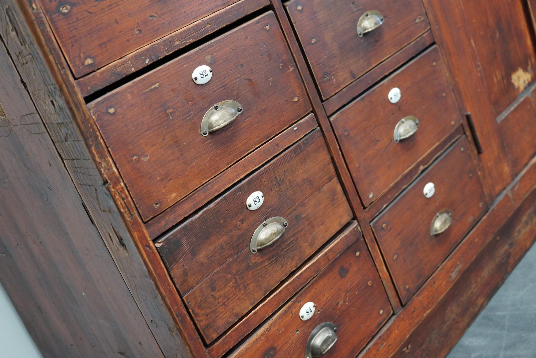 Large Dutch Industrial Pine Apothecary Cabinet / Workbench, Early-20th Century 1