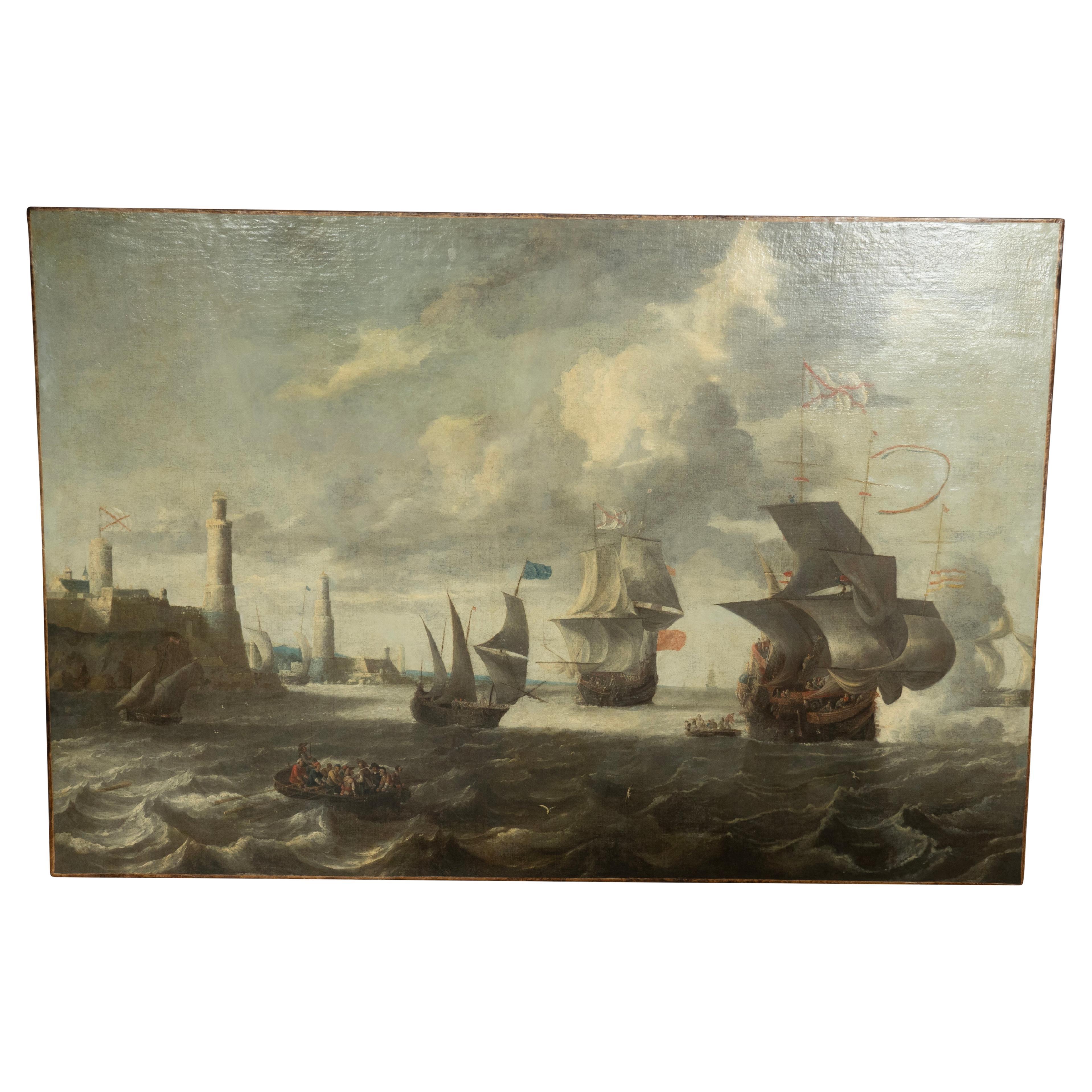 La medida excluye el marco ebonizado. Una escena dramática que representa barcos frente a la costa con una fortaleza. Barcos de remo en mares agitados.