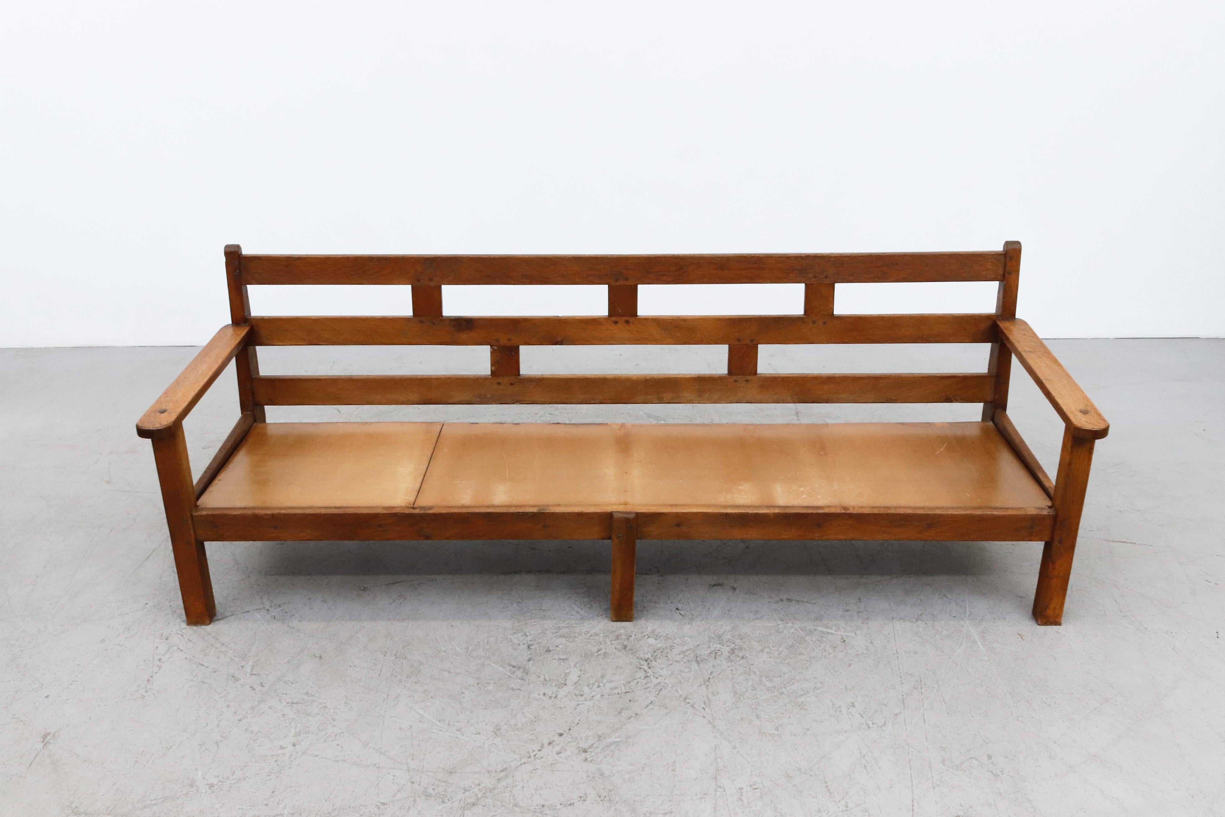 Large Dutch Oak Bench with Brown Leather Seat Cushion For Sale 4