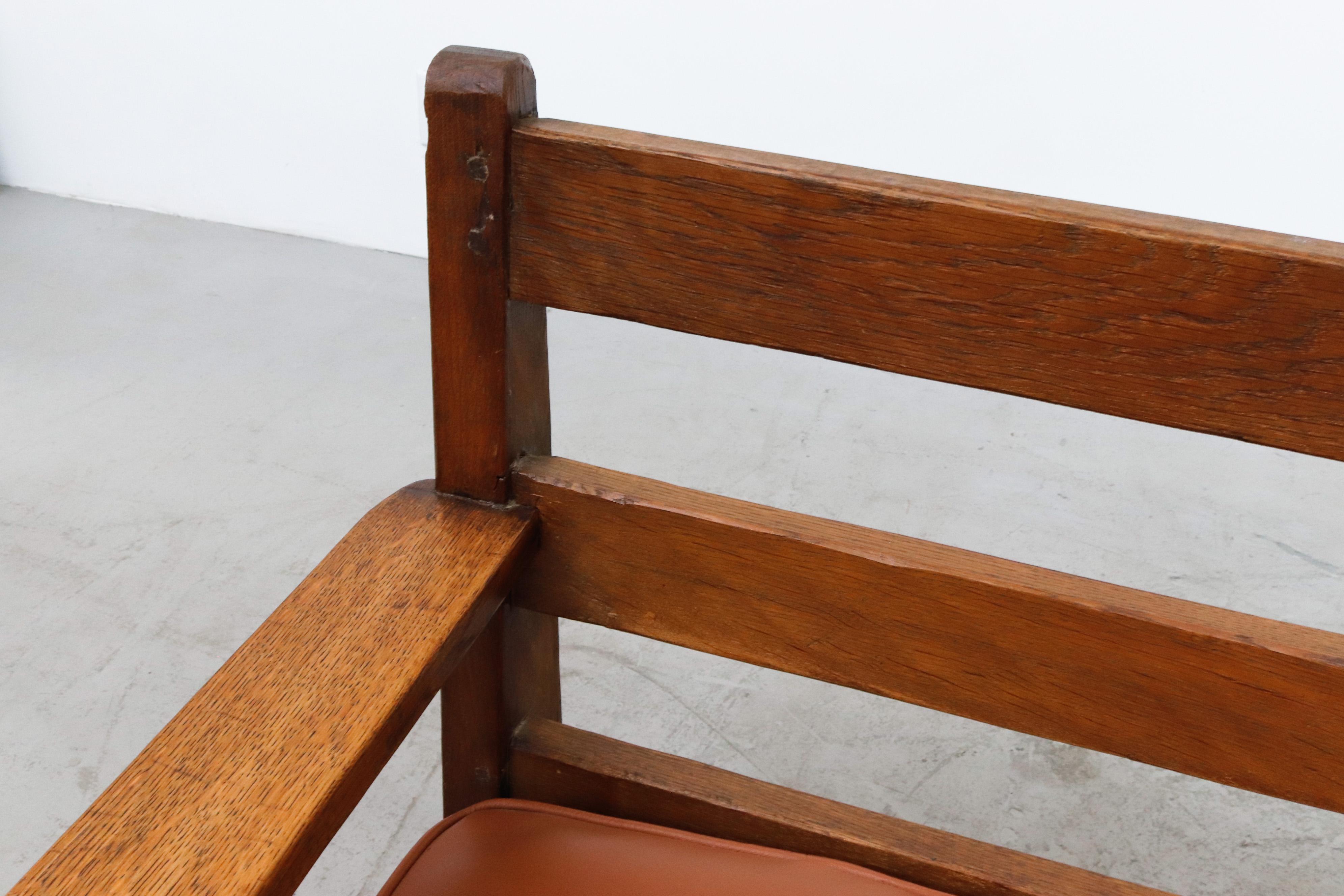 Large Dutch Oak Bench with Brown Leather Seat Cushion For Sale 5