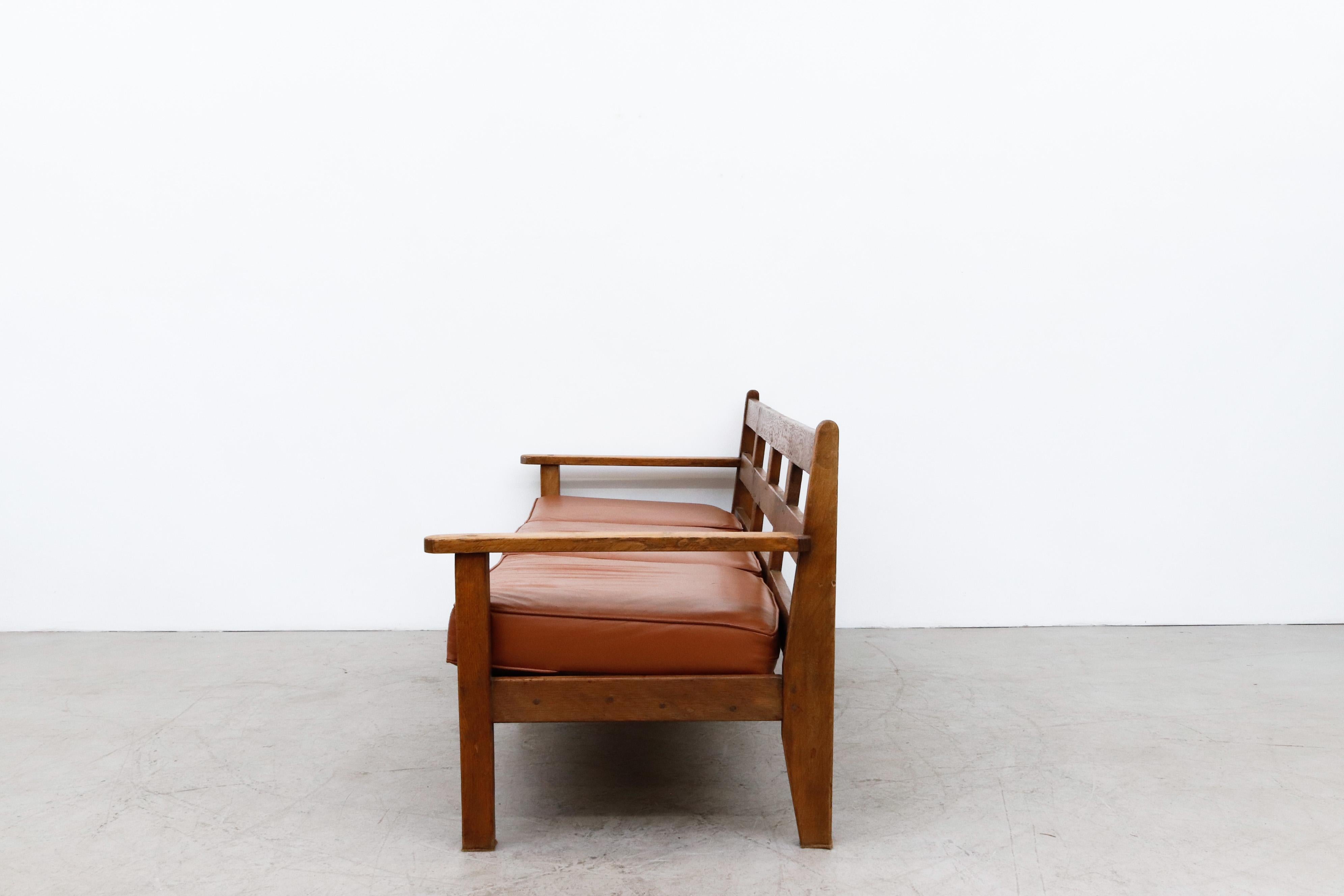 Mid-Century Modern Large Dutch Oak Bench with Brown Leather Seat Cushion For Sale