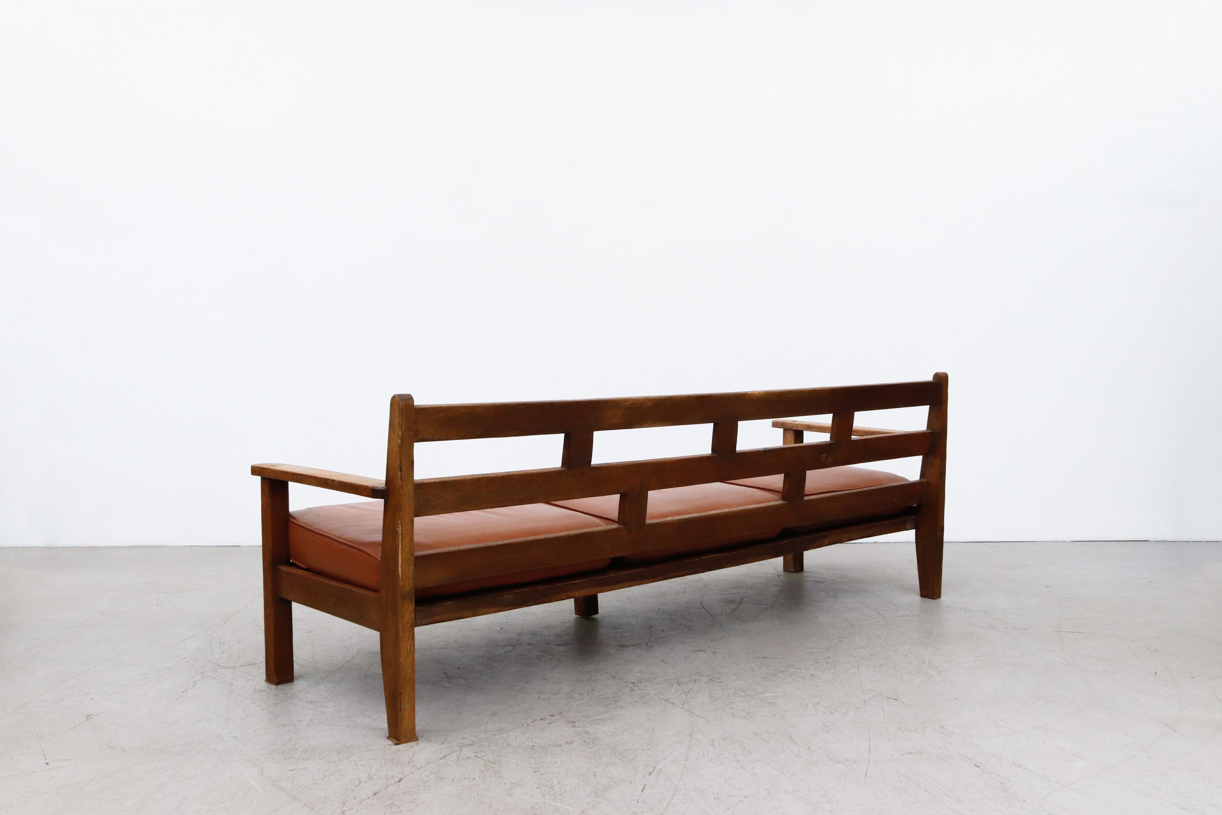 Large Dutch Oak Bench with Brown Leather Seat Cushion In Good Condition For Sale In Los Angeles, CA