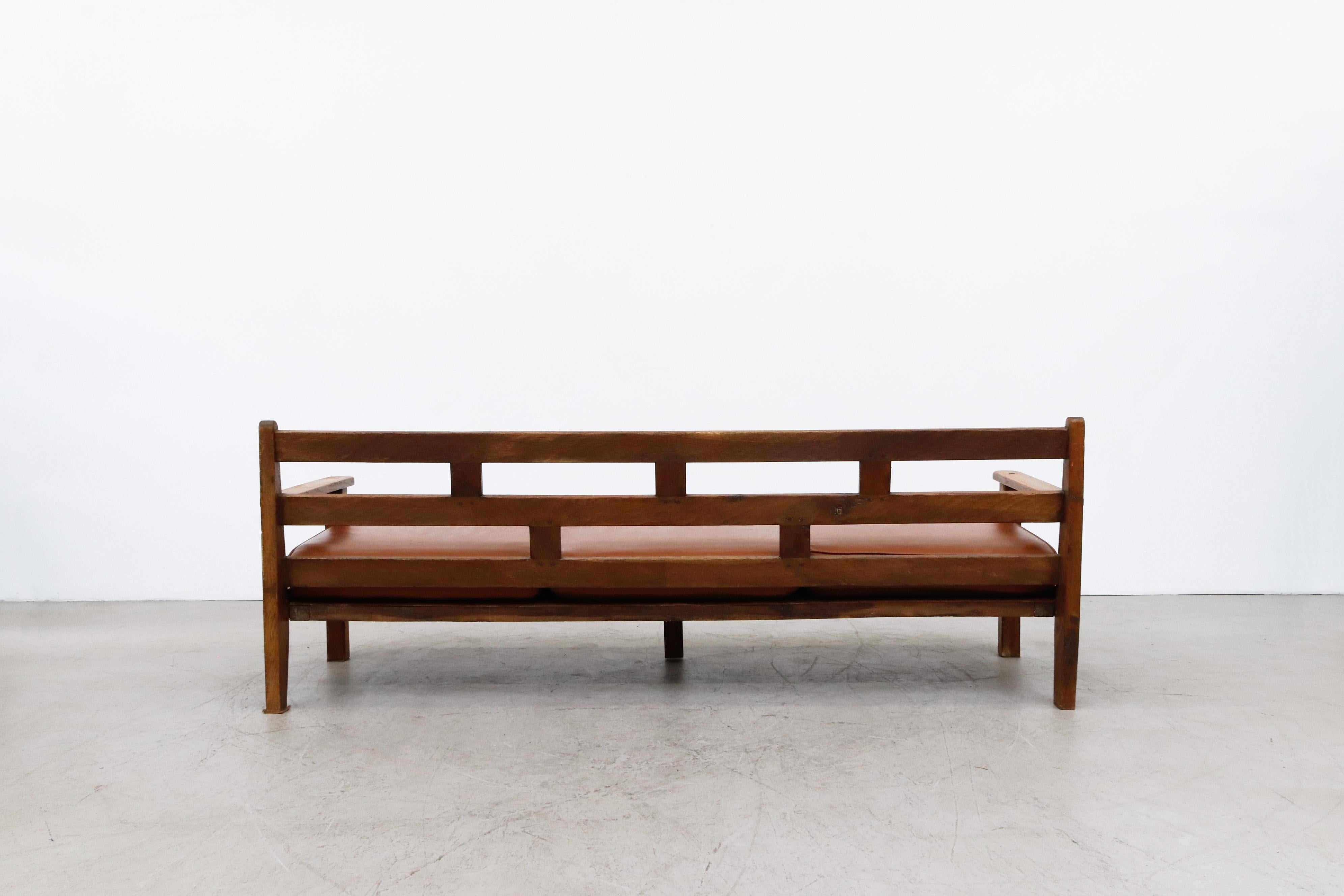 Mid-20th Century Large Dutch Oak Bench with Brown Leather Seat Cushion For Sale