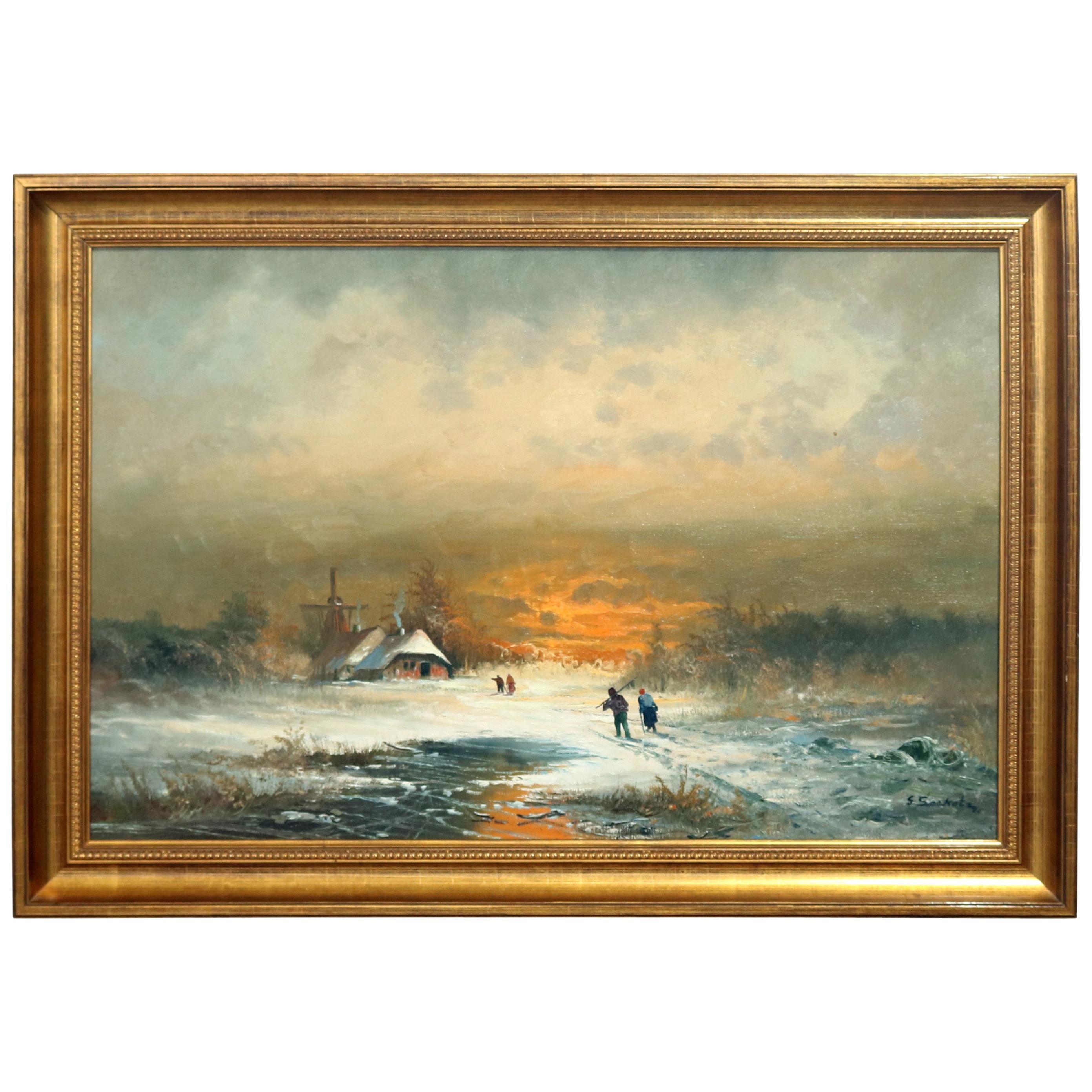 Large Dutch Oil on Canvas Winter Landscape Painting, Signed S. Seekatz 
86