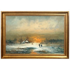 Large Dutch Oil on Canvas Winter Landscape Painting, Signed S. Seekatz '86