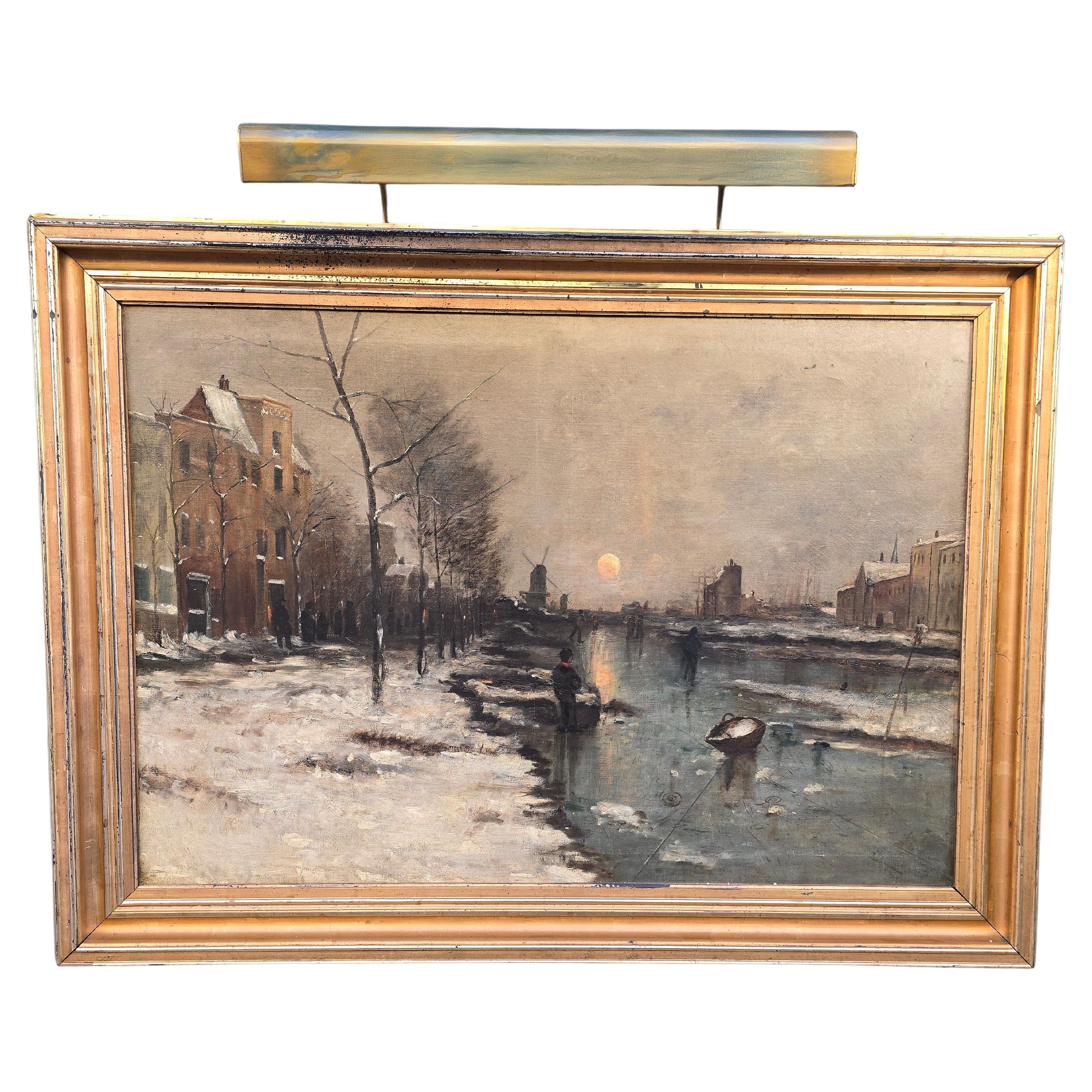 Large Dutch Oil Painting of a Frozen River Scene, circa 1900