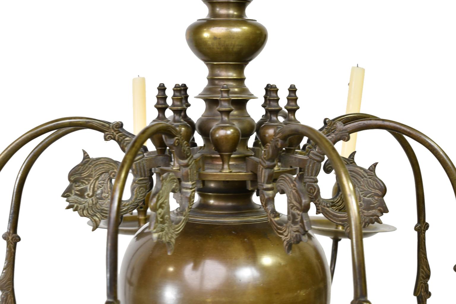 18th Century Dutch Bronze Chandelier w/ Double-Headed Eagle, Dolphins & Mermen In Good Condition In Miami, FL