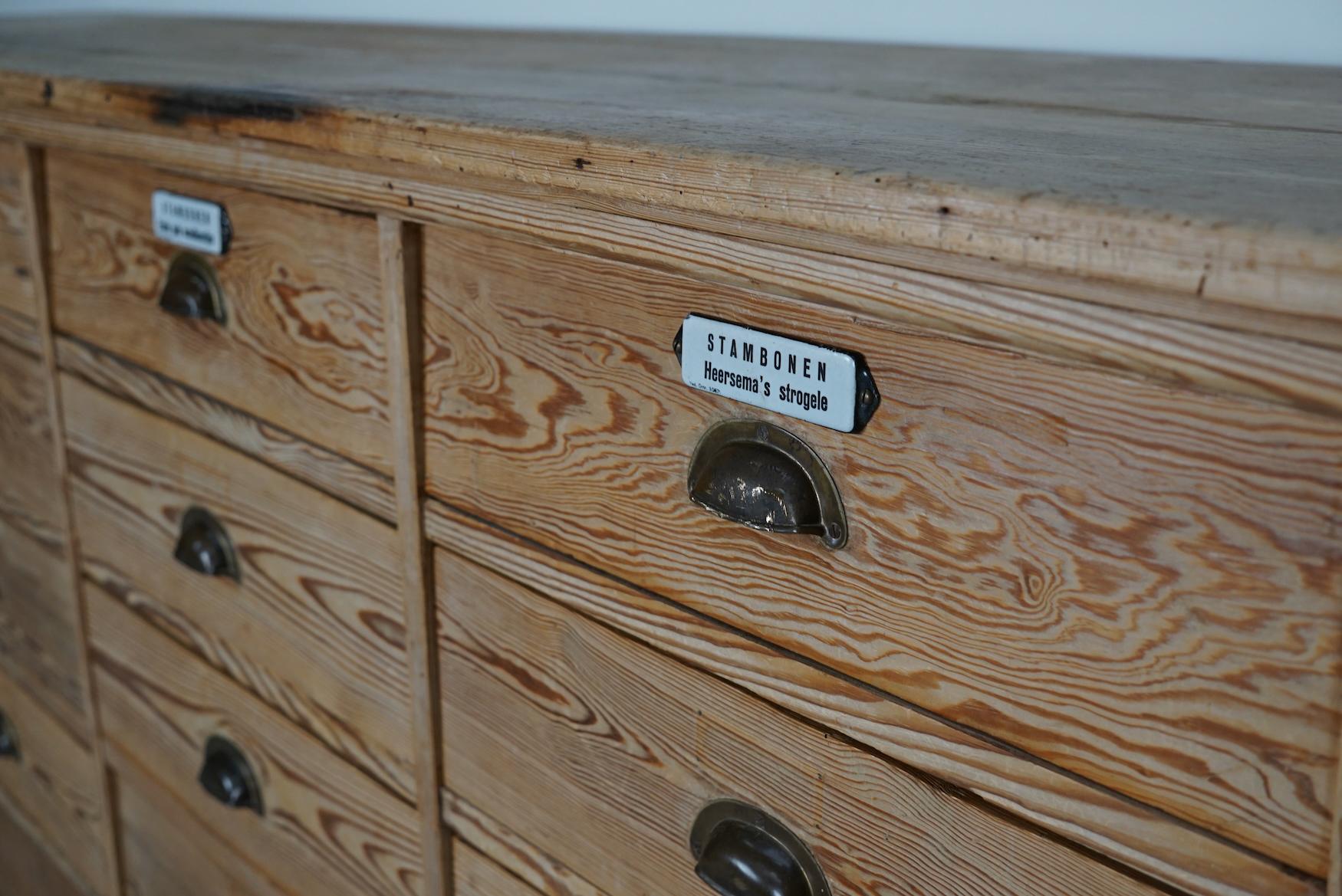 20th Century Large Dutch Pine Apothecary Cabinet / Bank of Drawers or Shop Counter, ca 1930