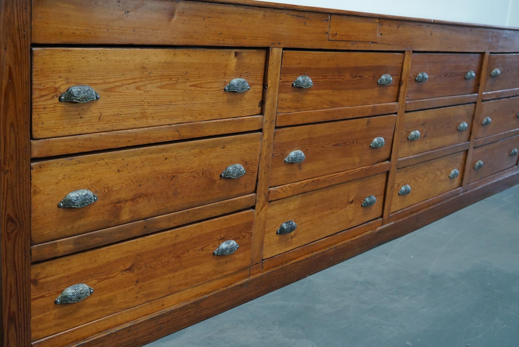 Large Dutch Pitch Pine Bank of Drawers, Early 20th Century 11