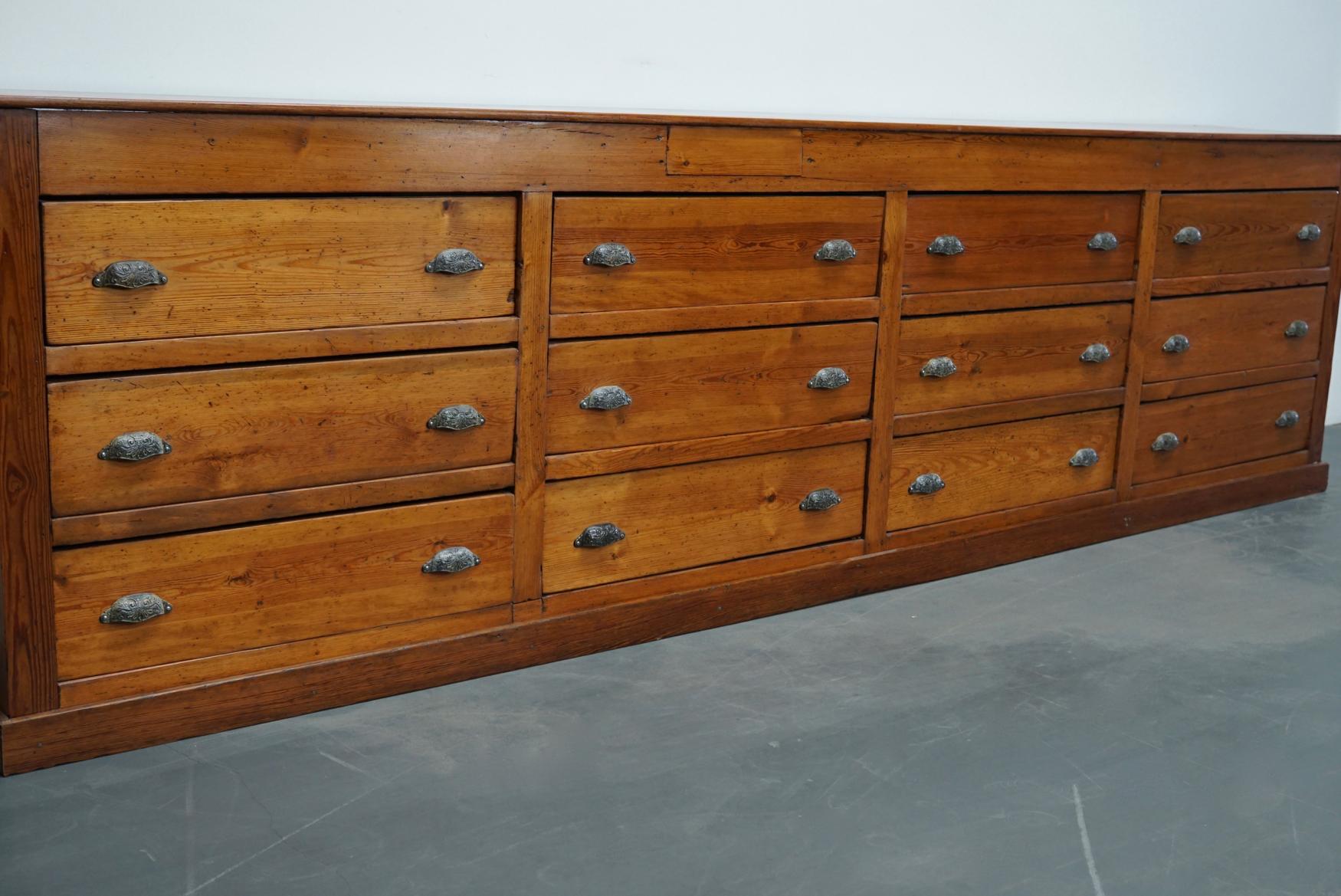 Industrial Large Dutch Pitch Pine Bank of Drawers, Early 20th Century