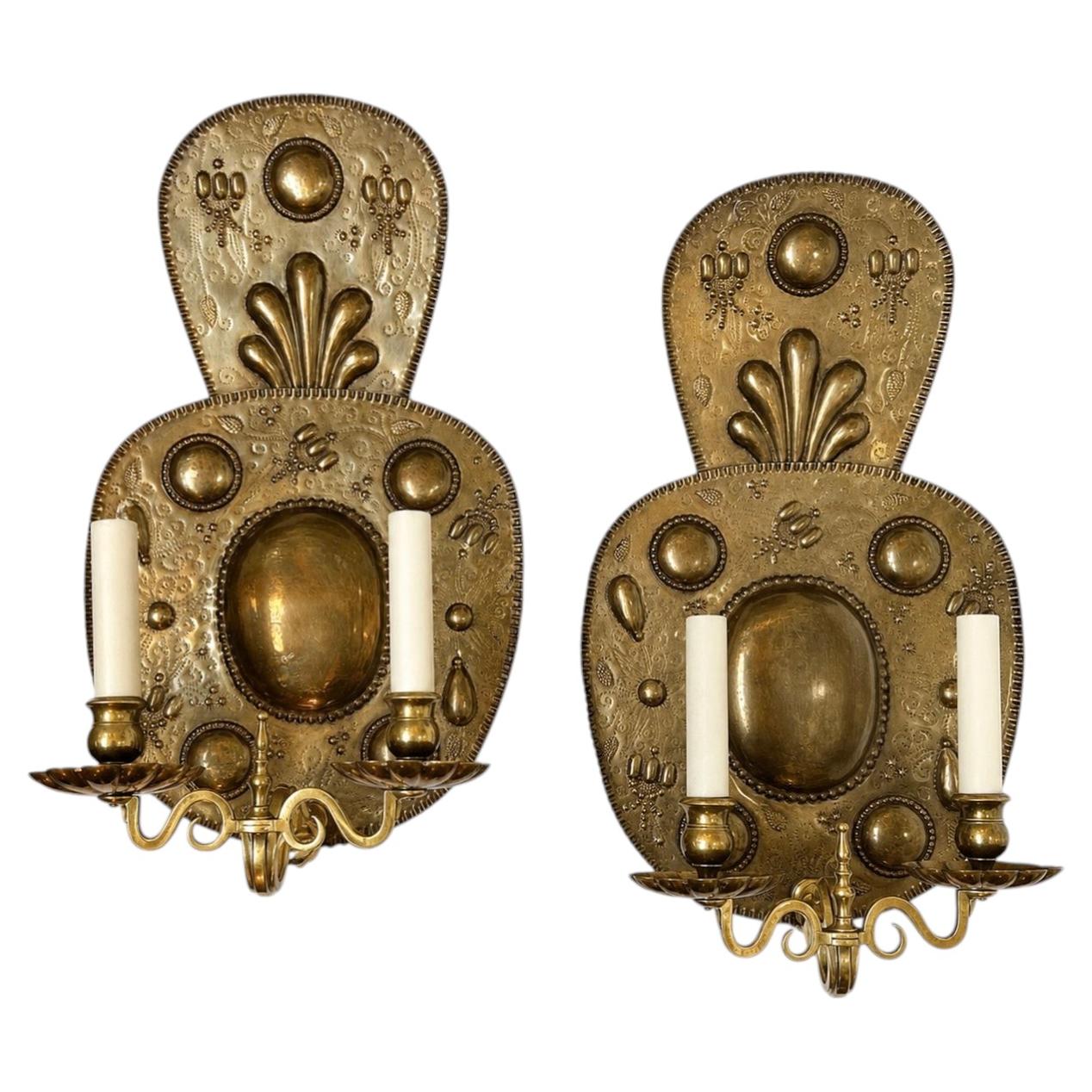 Large Dutch Repousse Sconces For Sale