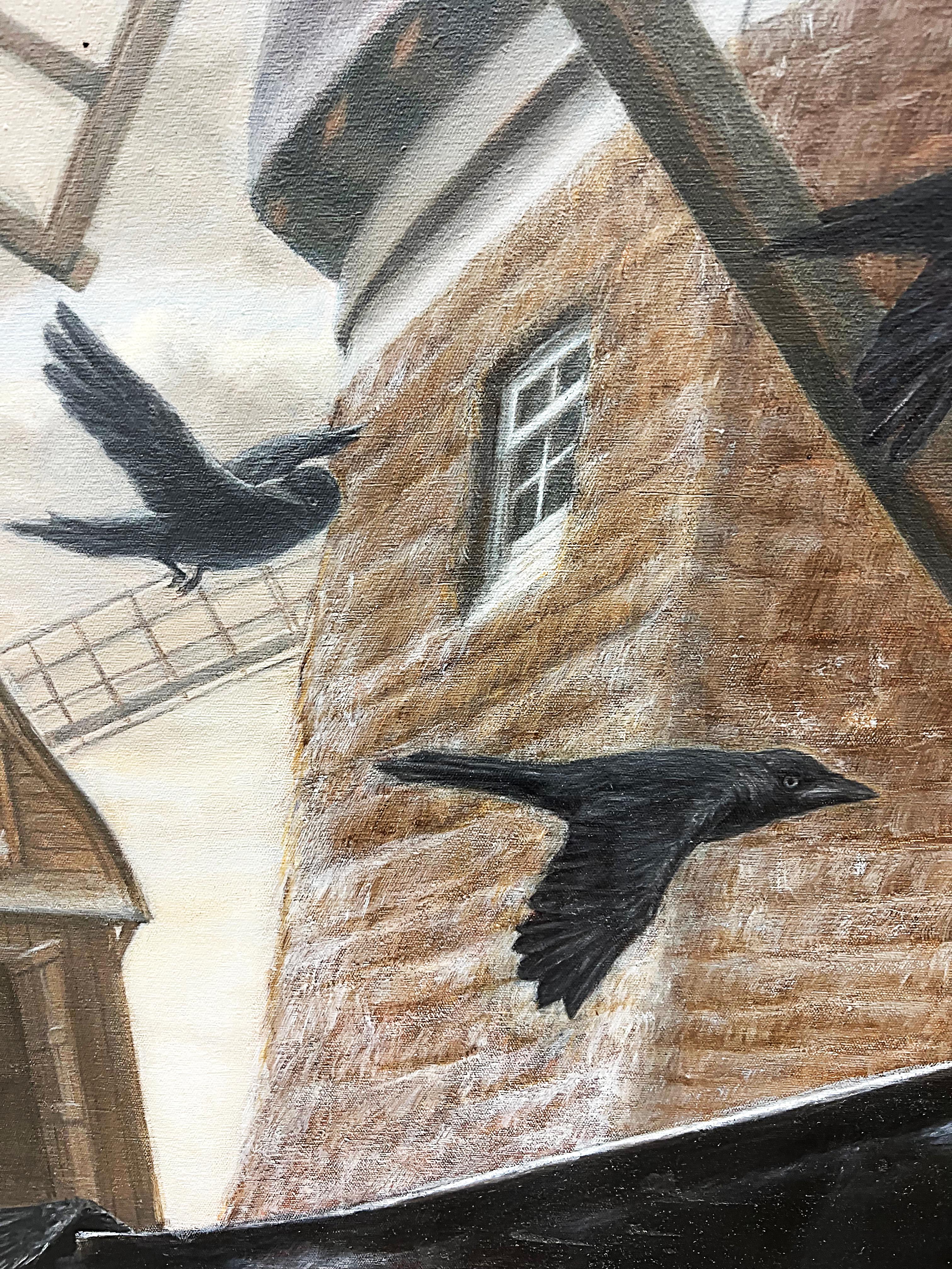 Large Dutch Windmill Oil Painting with Crows Signed Valentin, 1987 In Good Condition For Sale In Miami, FL