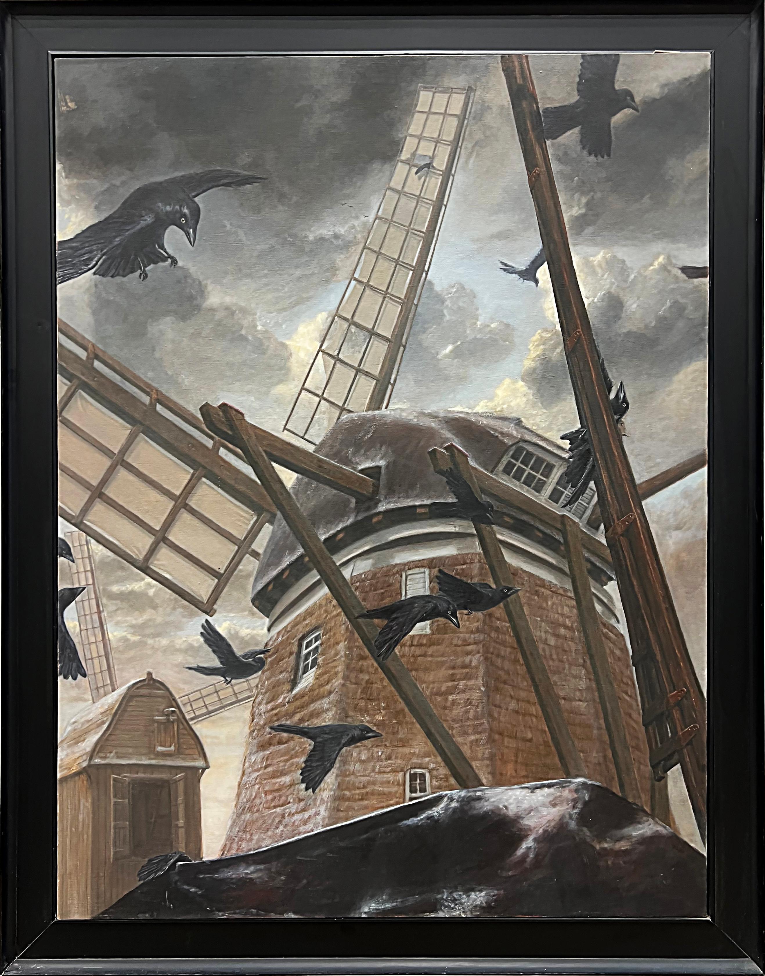 Large Dutch Windmill Oil Painting with Crows Signed Valentin, 1987 For Sale 2