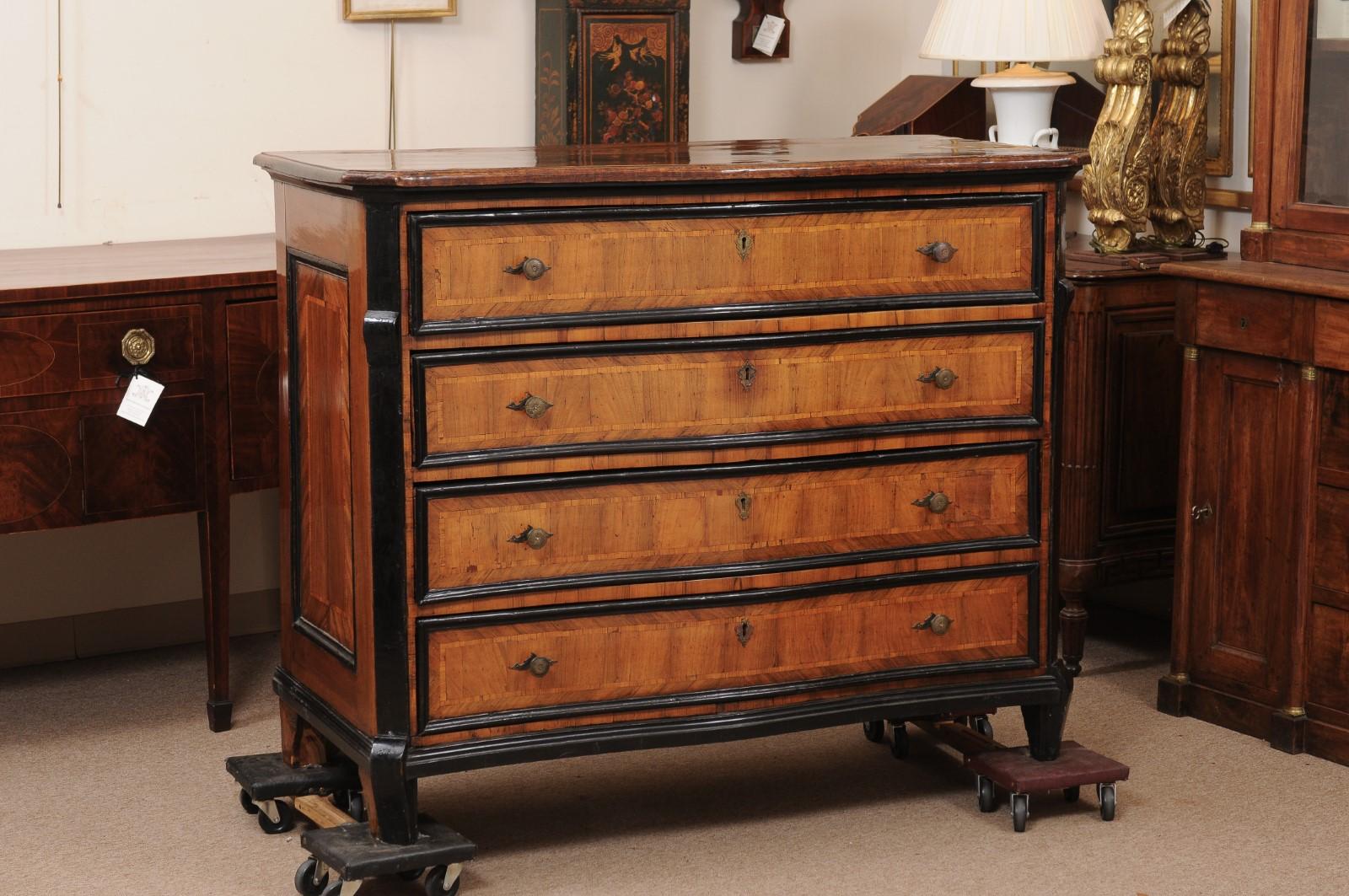 Large Early 18th Century Italian Canterano Walnut Inlaid Commode with 4 Drawers & Ebonized Detail
