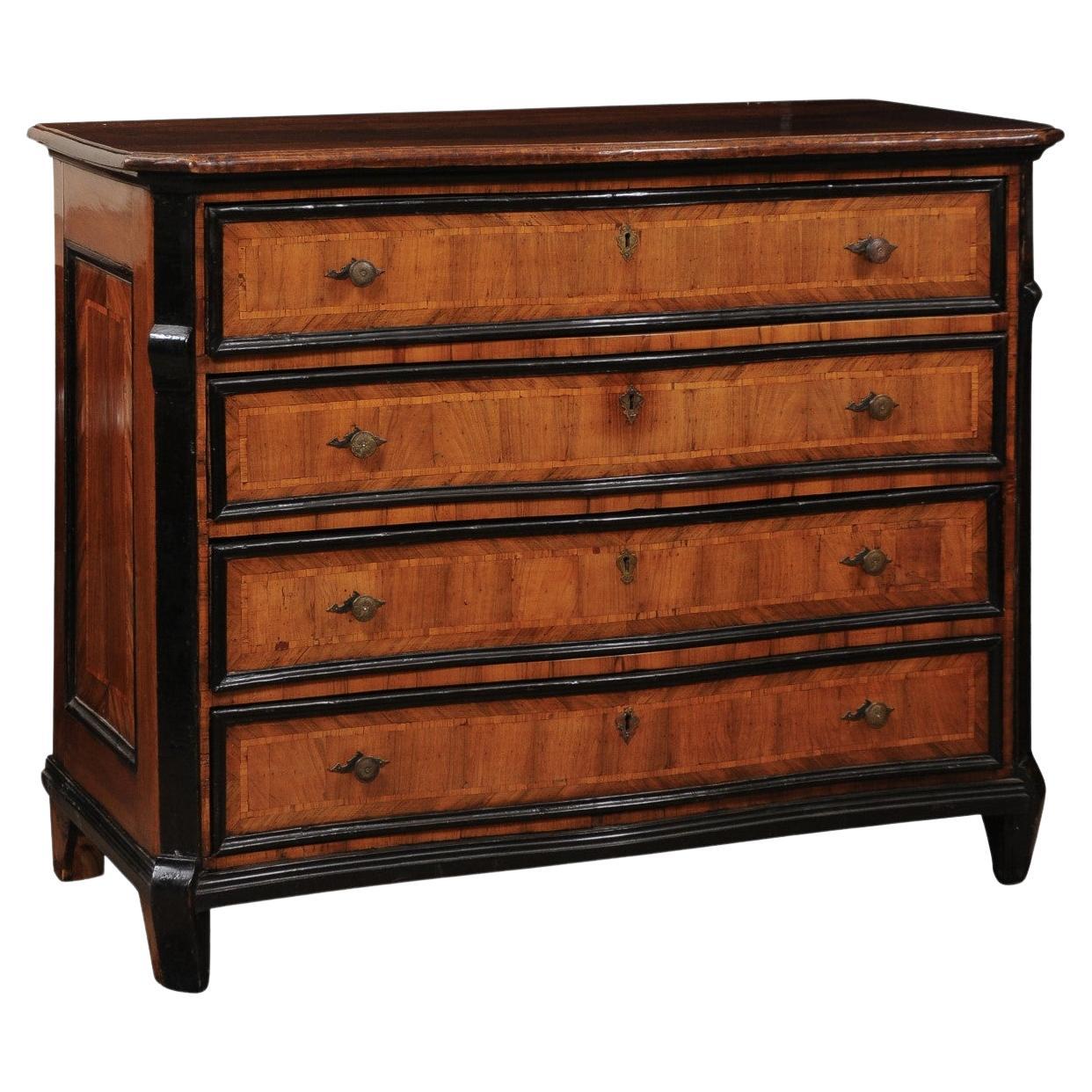 Large Early 18th Century Italian Canterano Walnut Inlaid Commode with 4 Drawers  For Sale