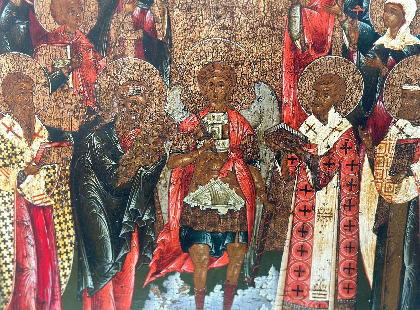 Large Early 18th Century Russian Icon of Veneration of St. Michael In Good Condition For Sale In Los Angeles, CA