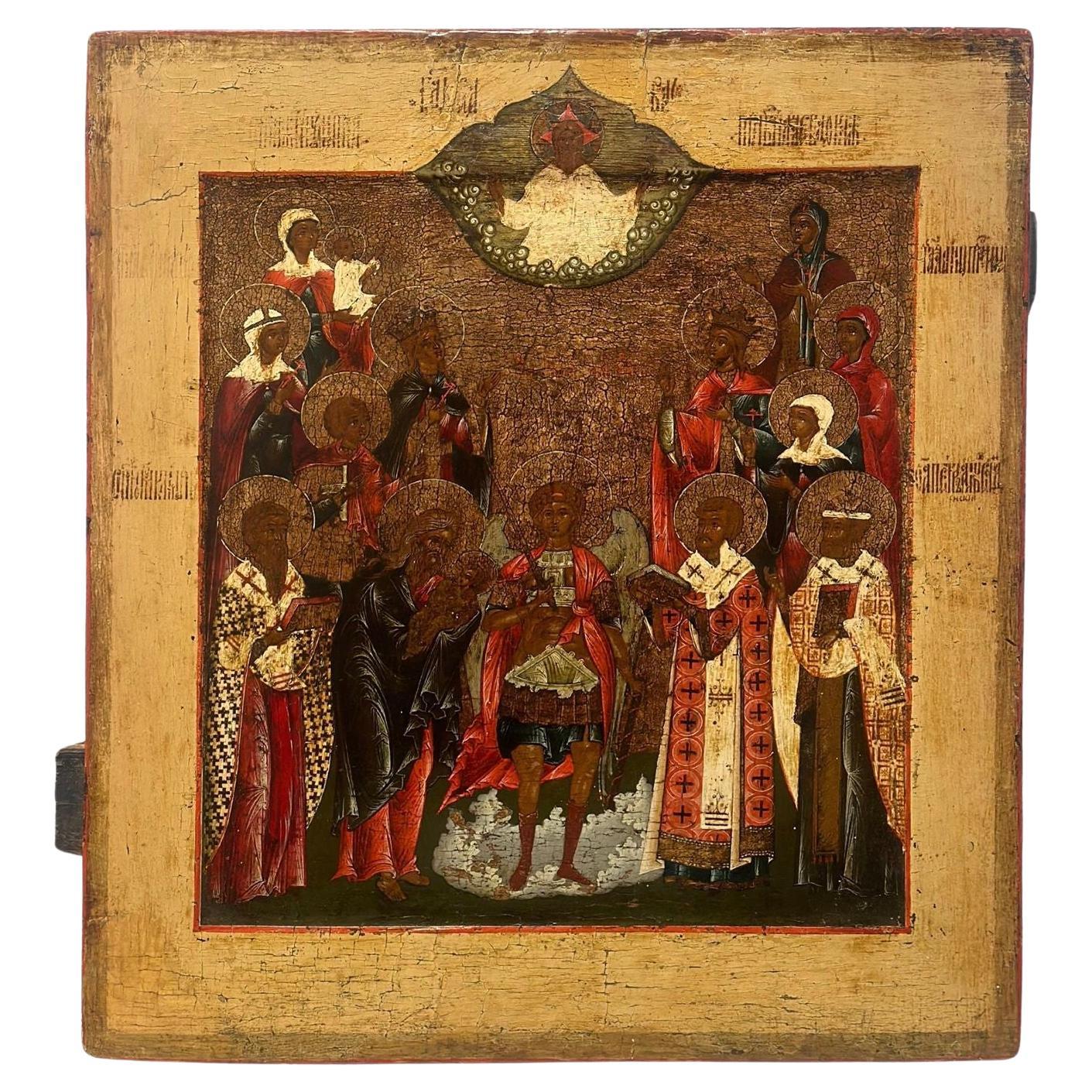 Grande icône russe du début du XVIIIe siècle représentant la vénération de saint Michel en vente