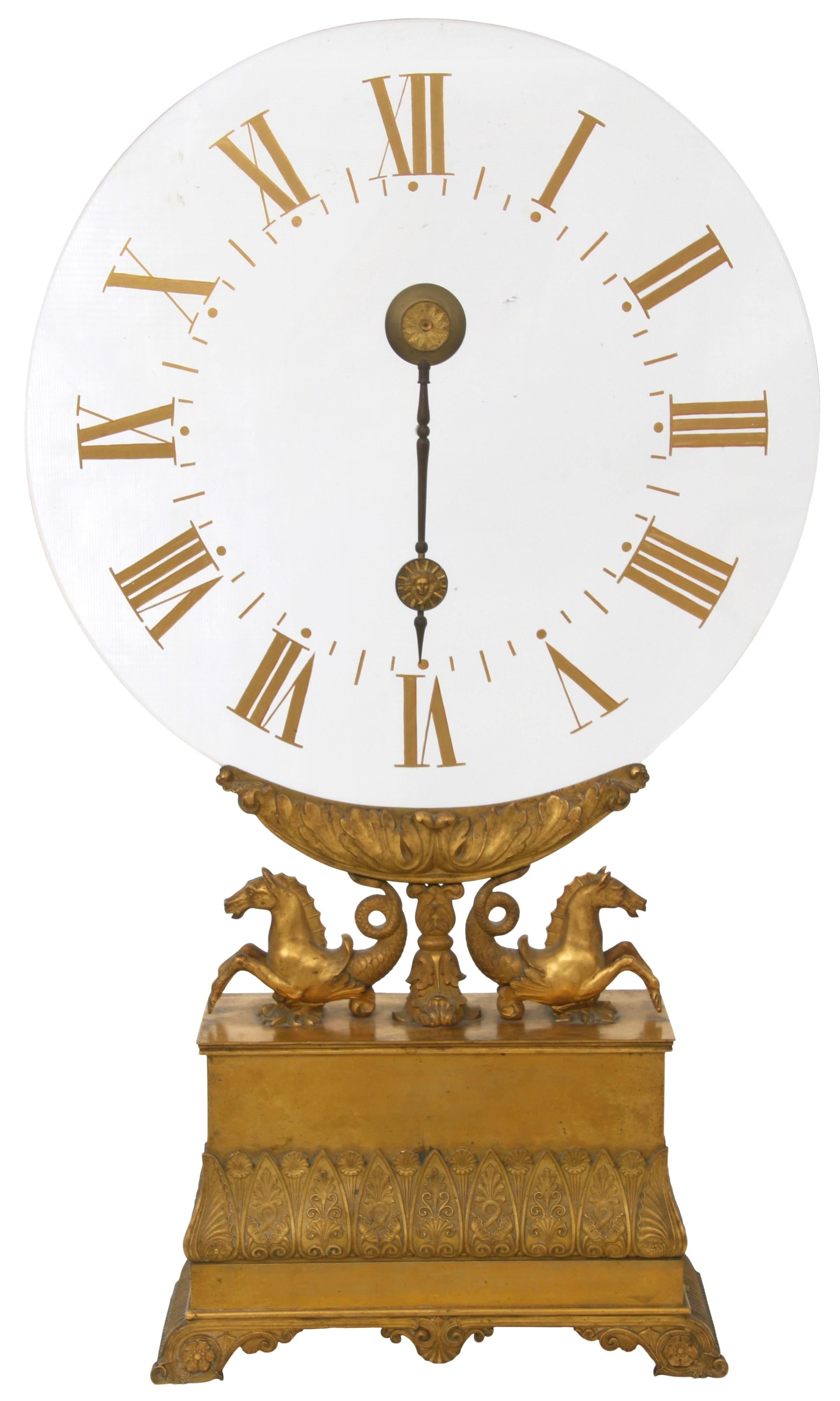 Very fine quality and large Early 19 century French gilt bronze mystery clock retailed by M.I. Tobias c.1820s.
