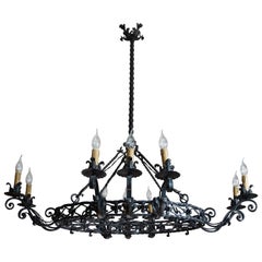 Large Early 1900s Hand-Forged Wrought Iron Oval Dinner Table Chandelier Pendant