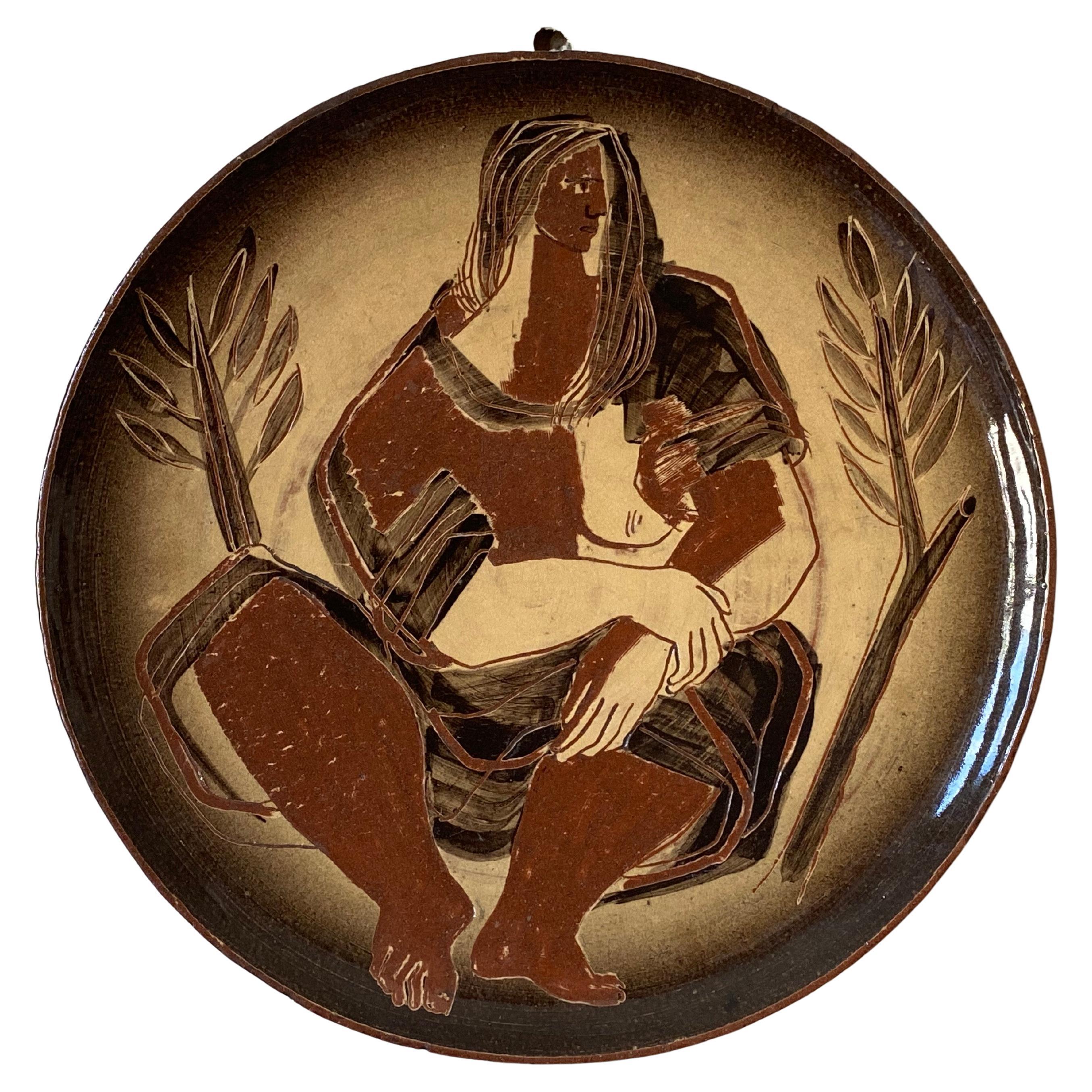 Large early 1940s Betty Feves for Design Technics Incised Figural Charger