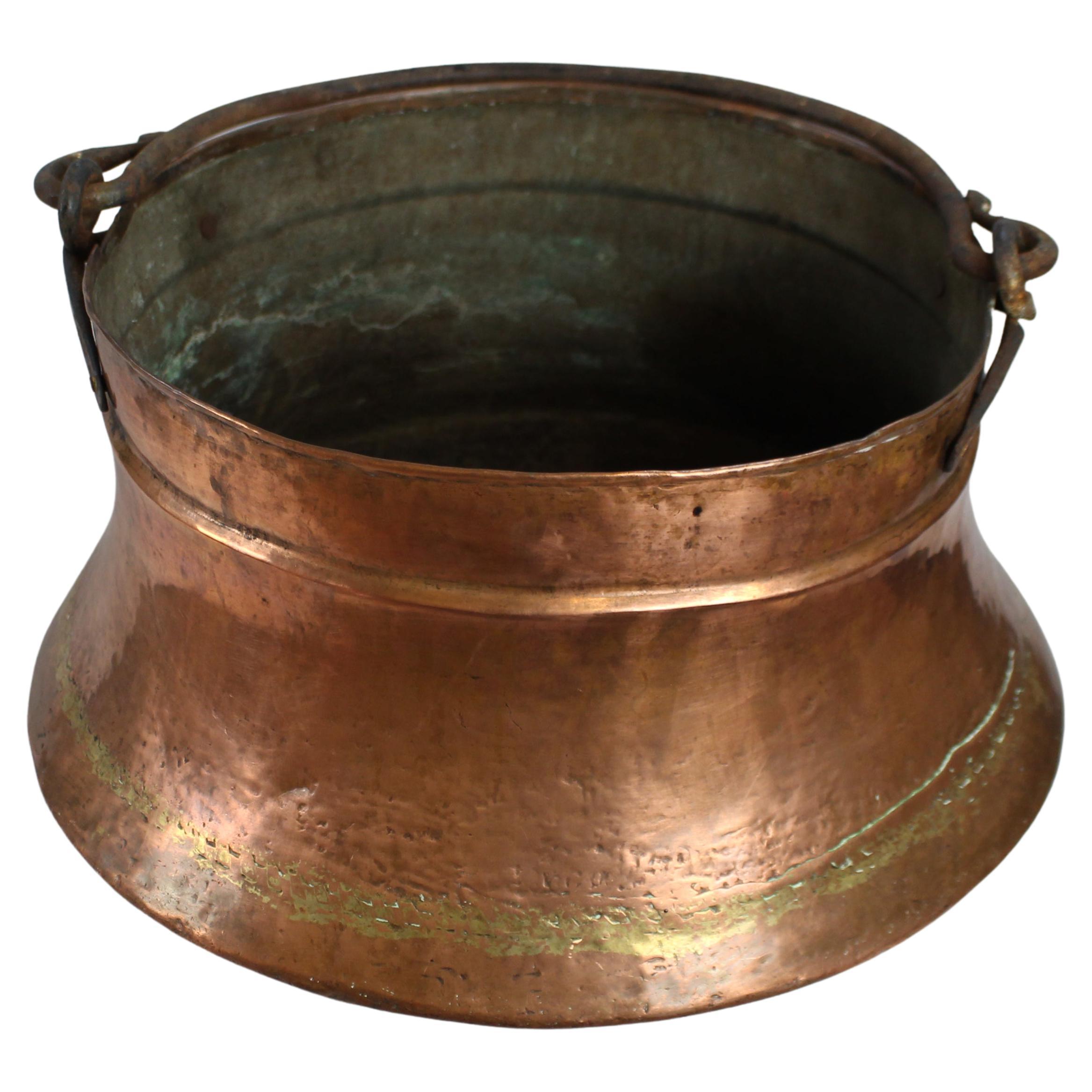 Large Early 19th C. Copper Bowl with Handle For Sale