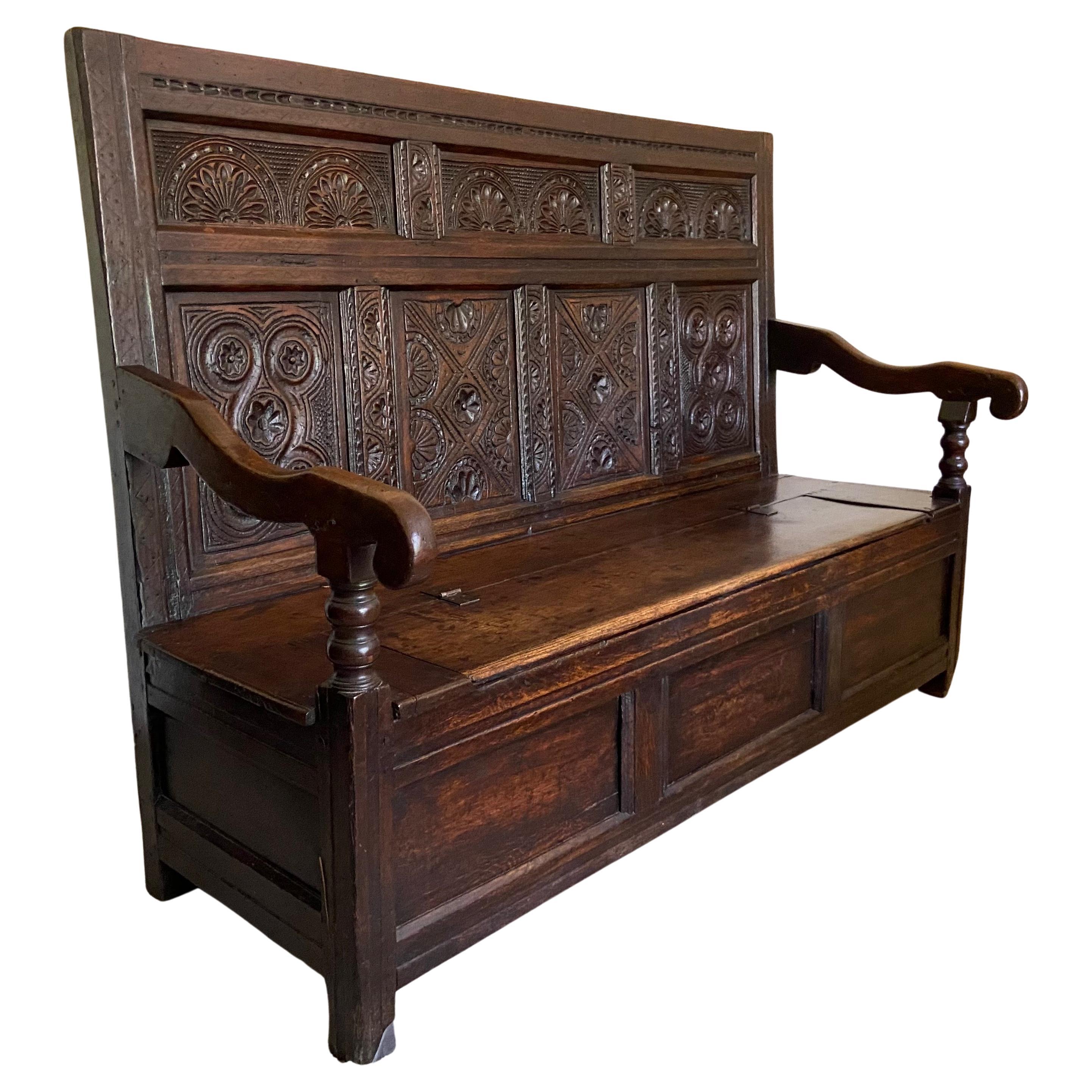 Early 19th C Spanish Carved Hall Bench