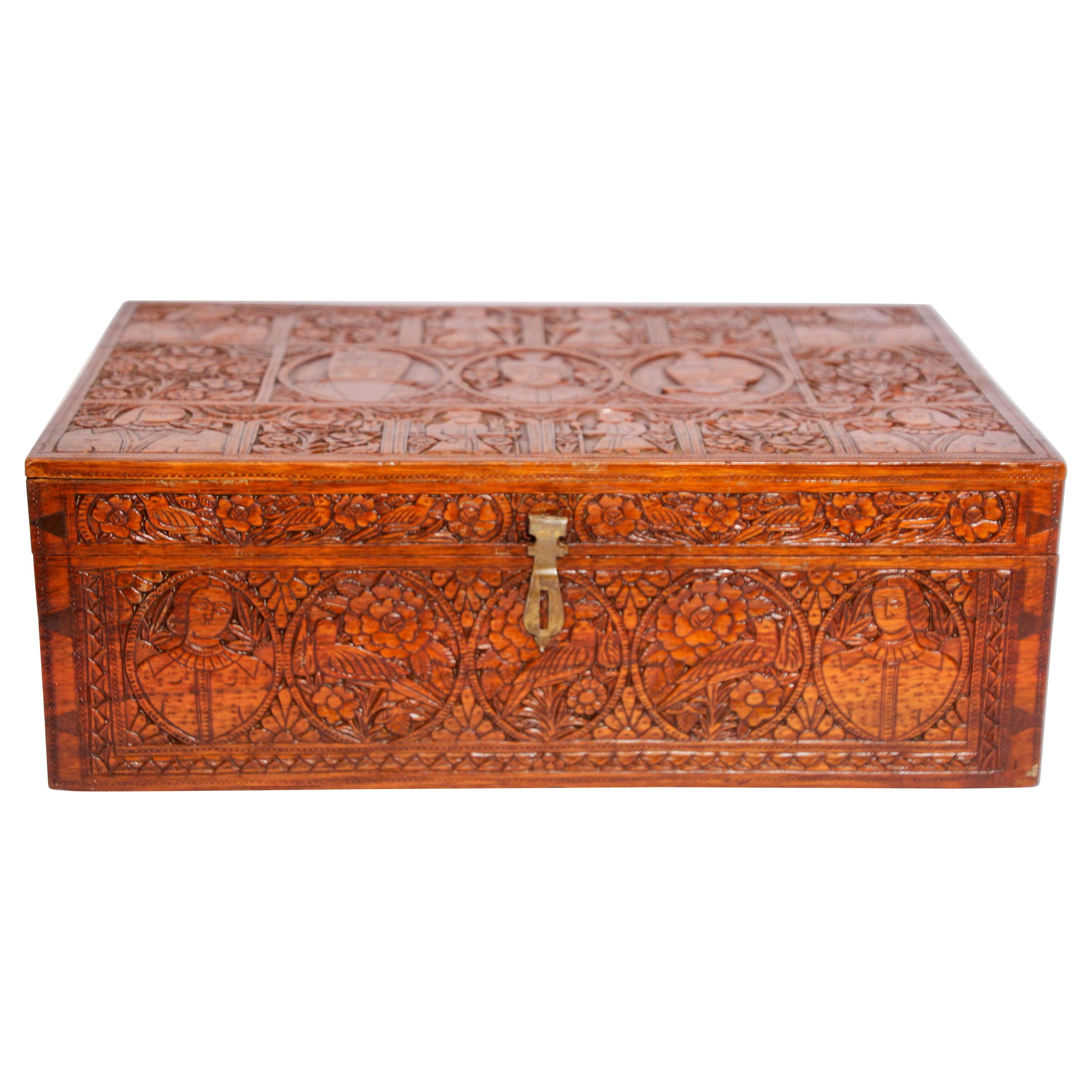 Large Early 19th Century Antique Hand Carved Wooden Mughal Decorative Box